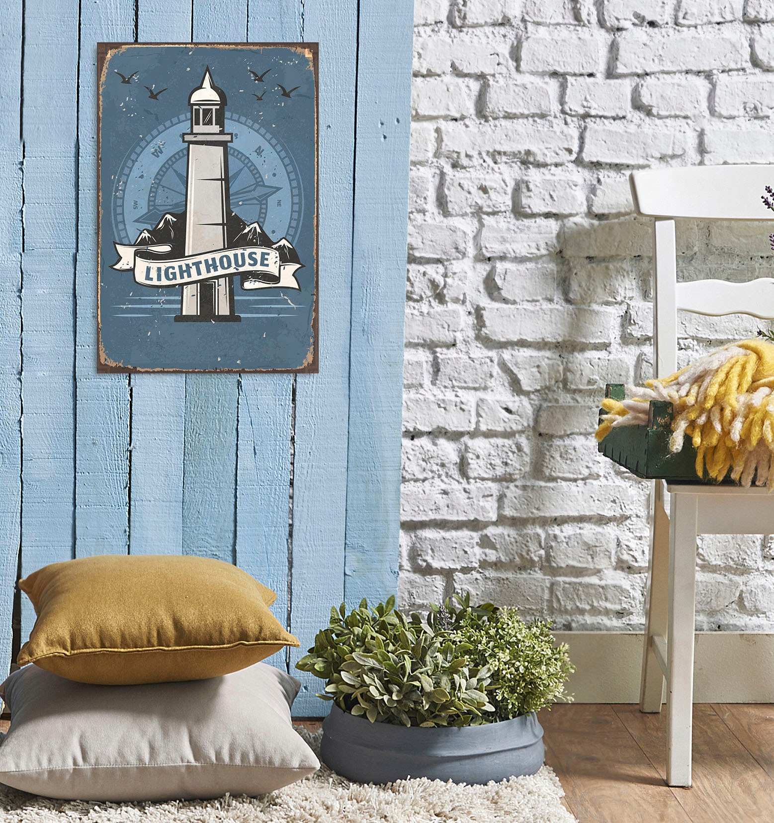 Image of queence Metallbild "Lighthouse" Leuchtturm Schriftzug 1 Stk. tlg. Stahlschilder