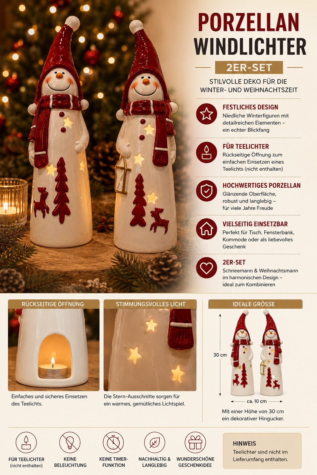 GOODproduct Teelichthalter »Deko Weihnachten Eeske, aus Porzellan detailreich bemalt« Schneemänner klassisch rot-weiss, jeweils ca.31cm hoch