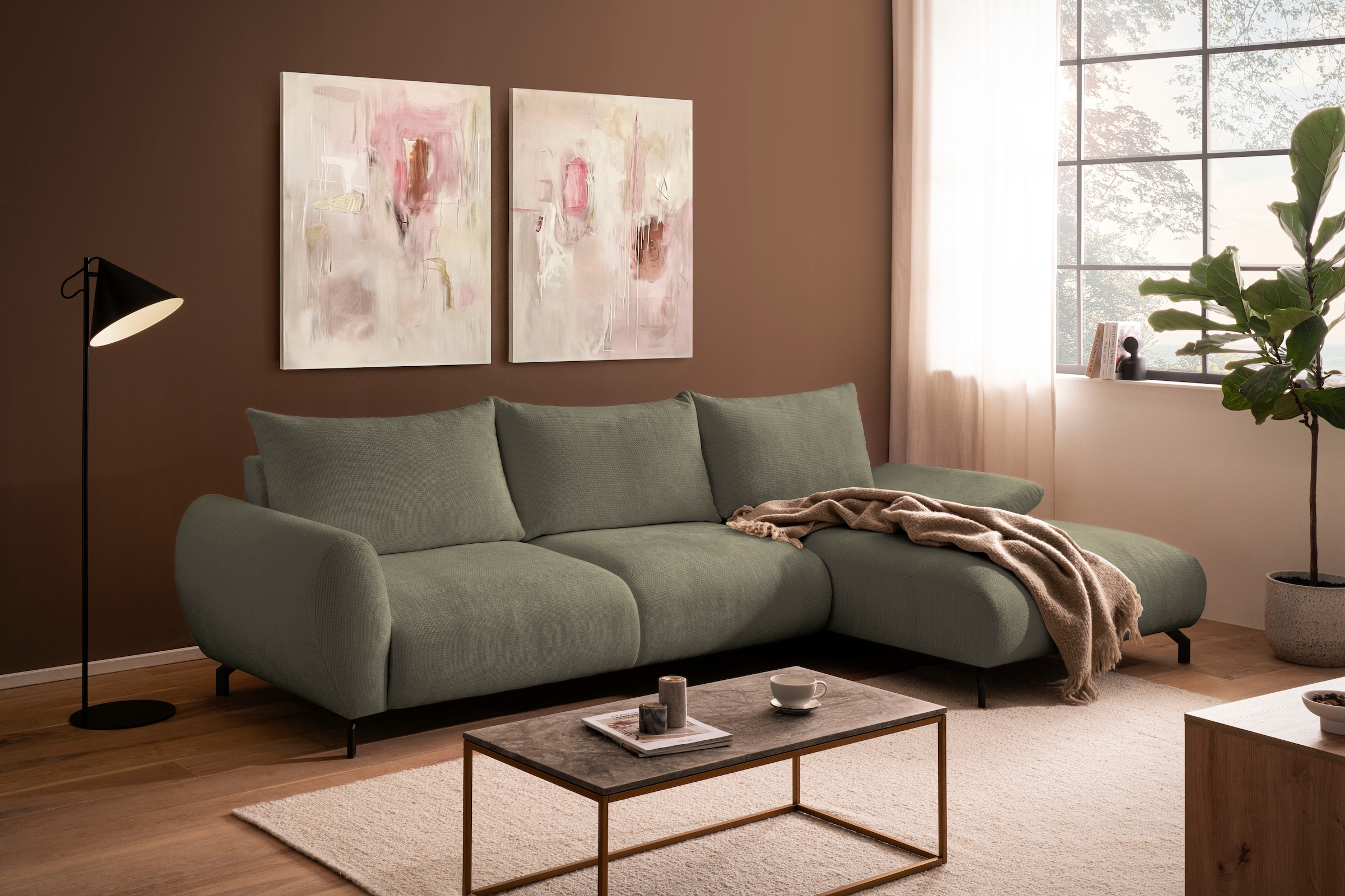 GOODproduct Ecksofa »KELLIE, L-Form, 315 cm, verstellbare Armlehne, Metallfüsse,« wahlweise Recamiere links o. rechts, Chenille-Stoff, hoher Sitzkomfort