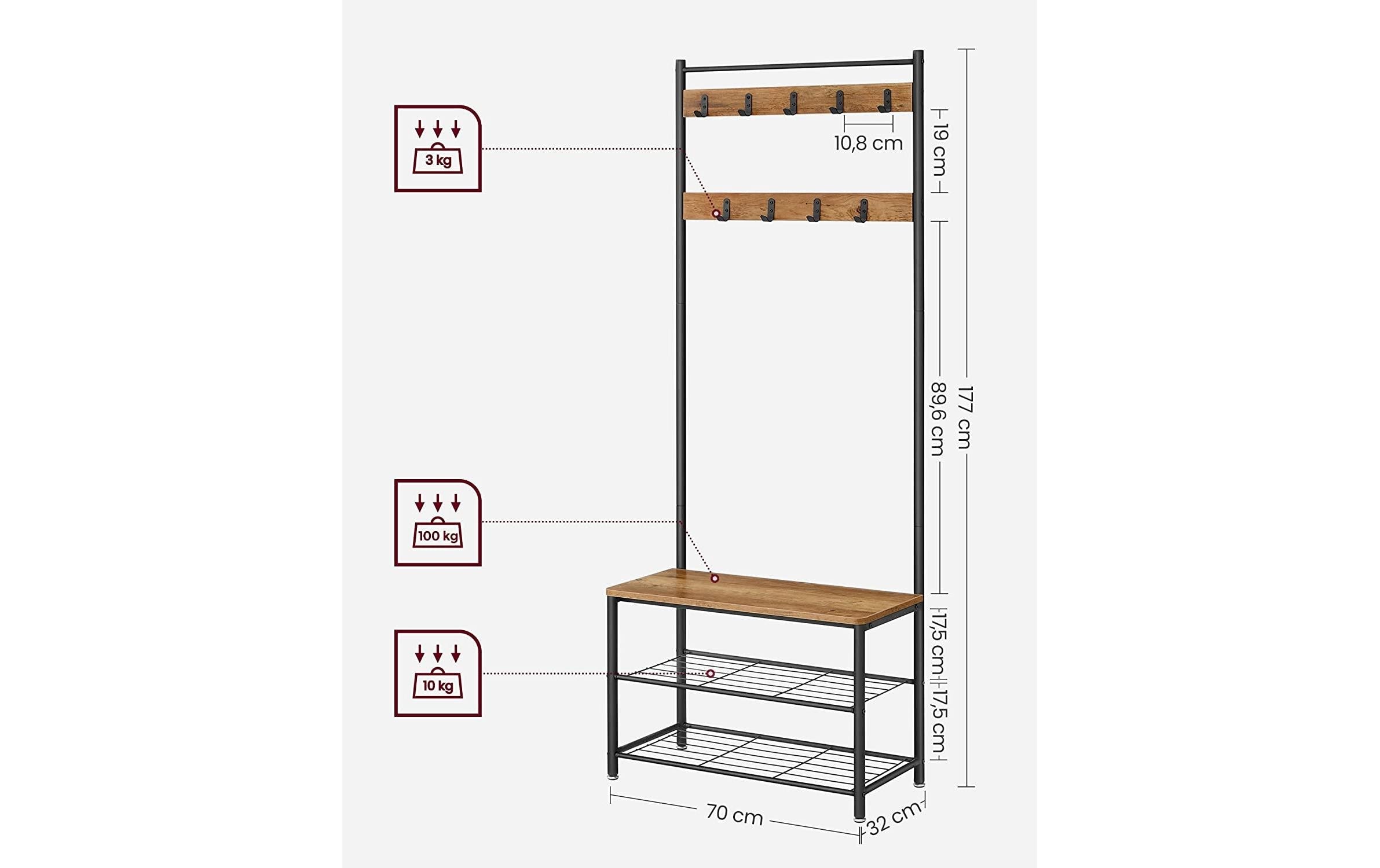 VASAGLE Schuhregal »VASAGLE Garderobe mit Schuhregal 32 cm x 175 cm, Braun/Schwarz«