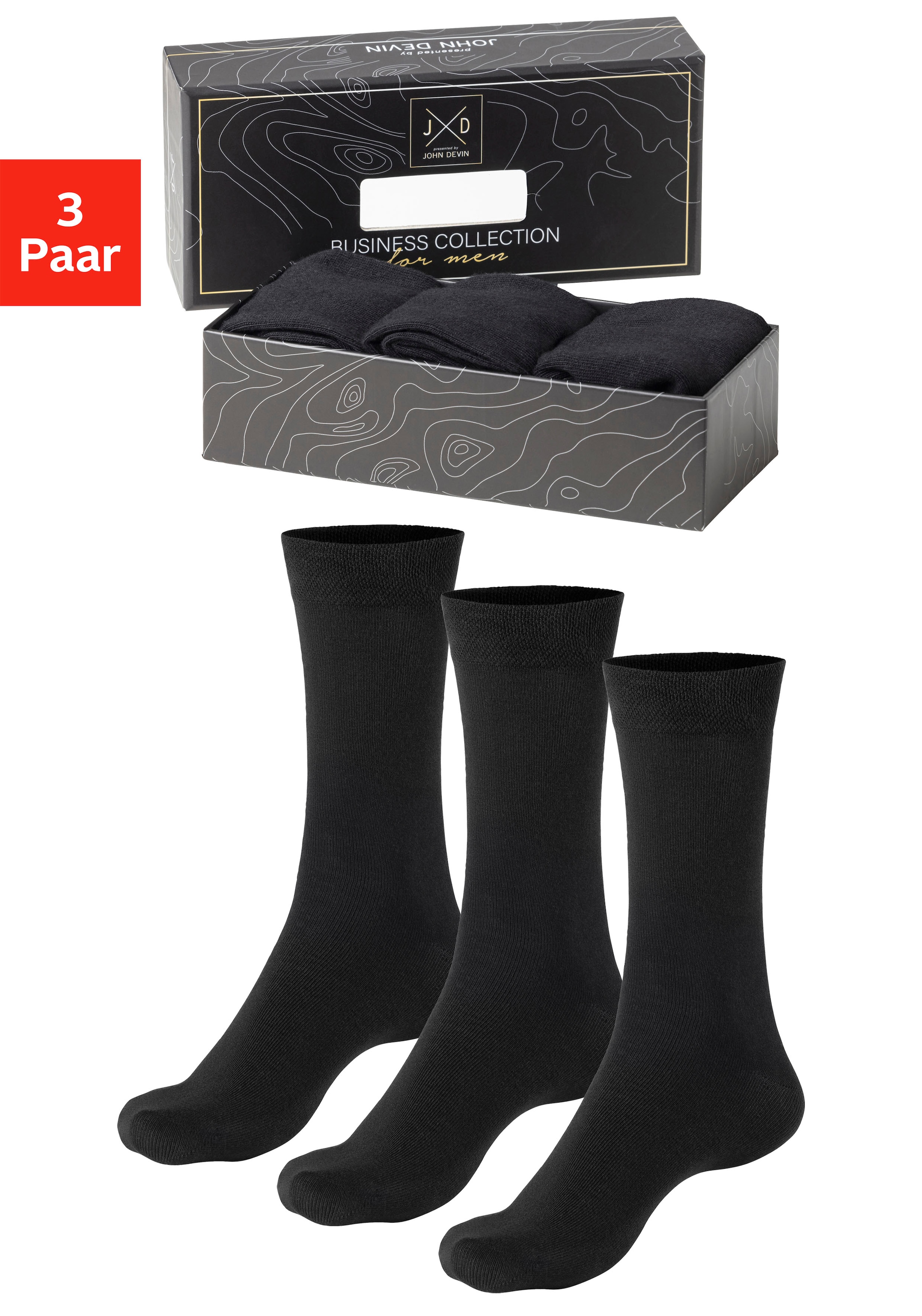 Image of John Devin Businesssocken Packung, 3 Paar tlg. mit längerer Schaftlänge, verpackt in einer Box