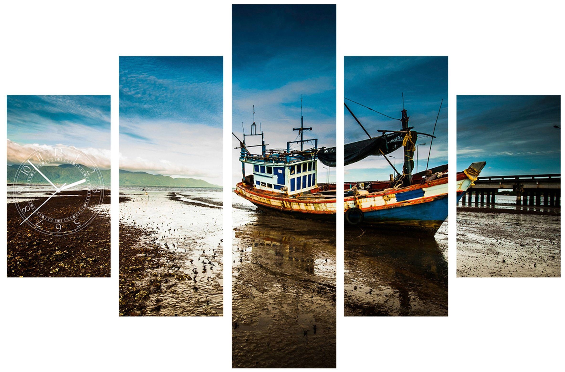 Image of Conni Oberkircher´s Bild »Fishing Boat - Fischerboot«, Boote & Schiffe, (Set, (Set 5), mit dekorativer Uhr, Ebbe, Urlaub, See bei Ackermann Versand Schweiz