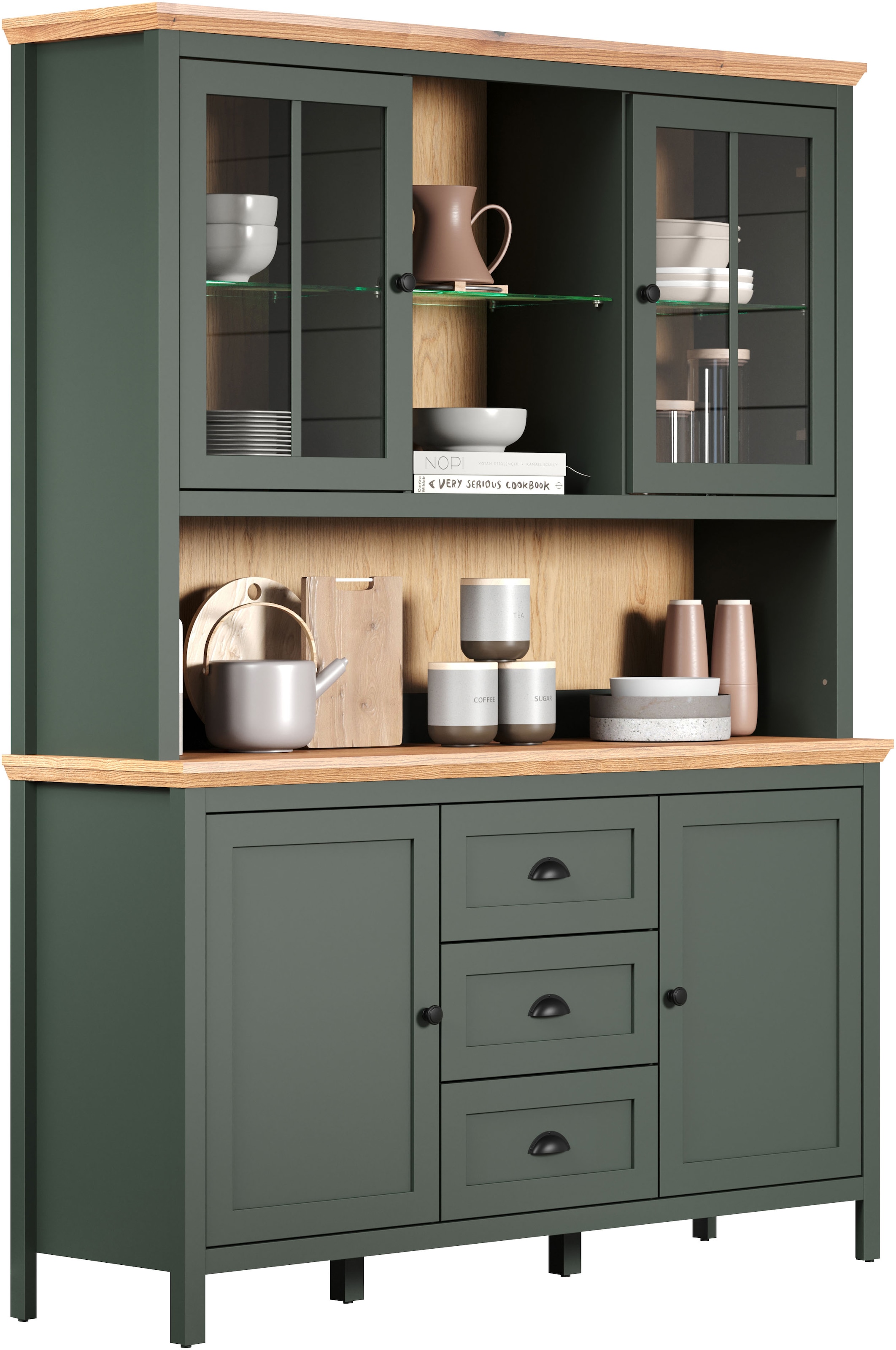 Home affaire Buffet »Vienna«, (Set, 2 St.), Küchenbuffet im Landhausstil, inkl. Beleuchtung - (B/T/H) 146/39/112cm