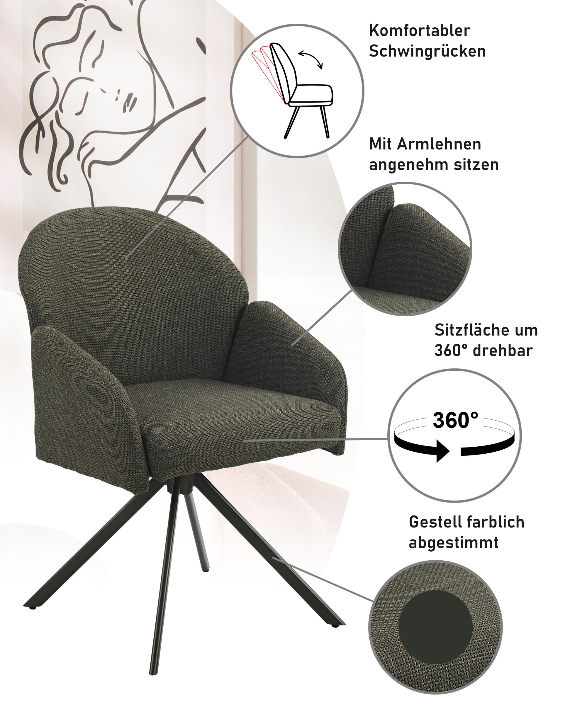 HELA Chaise avec accoudoirs »HOLLY« (Set) 1 cuis360° drehbar, Armlehnen, Gestell angepasst, Swing Back Komfortrücken