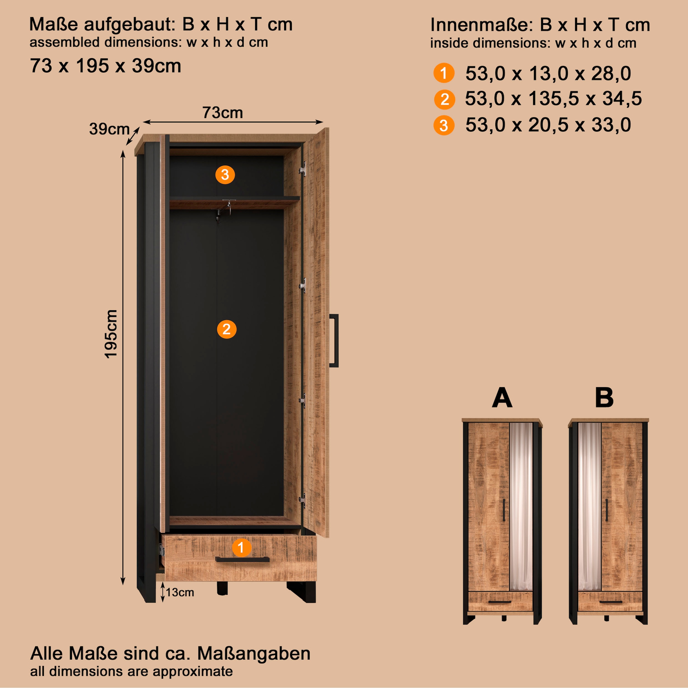 Home affaire Armoire vestiaire »Elda« 1 cuis tlg. Schrank mit ausziehbarer Kleiderstange, 2 Türen – (B/T/H) 73/39/195 cm