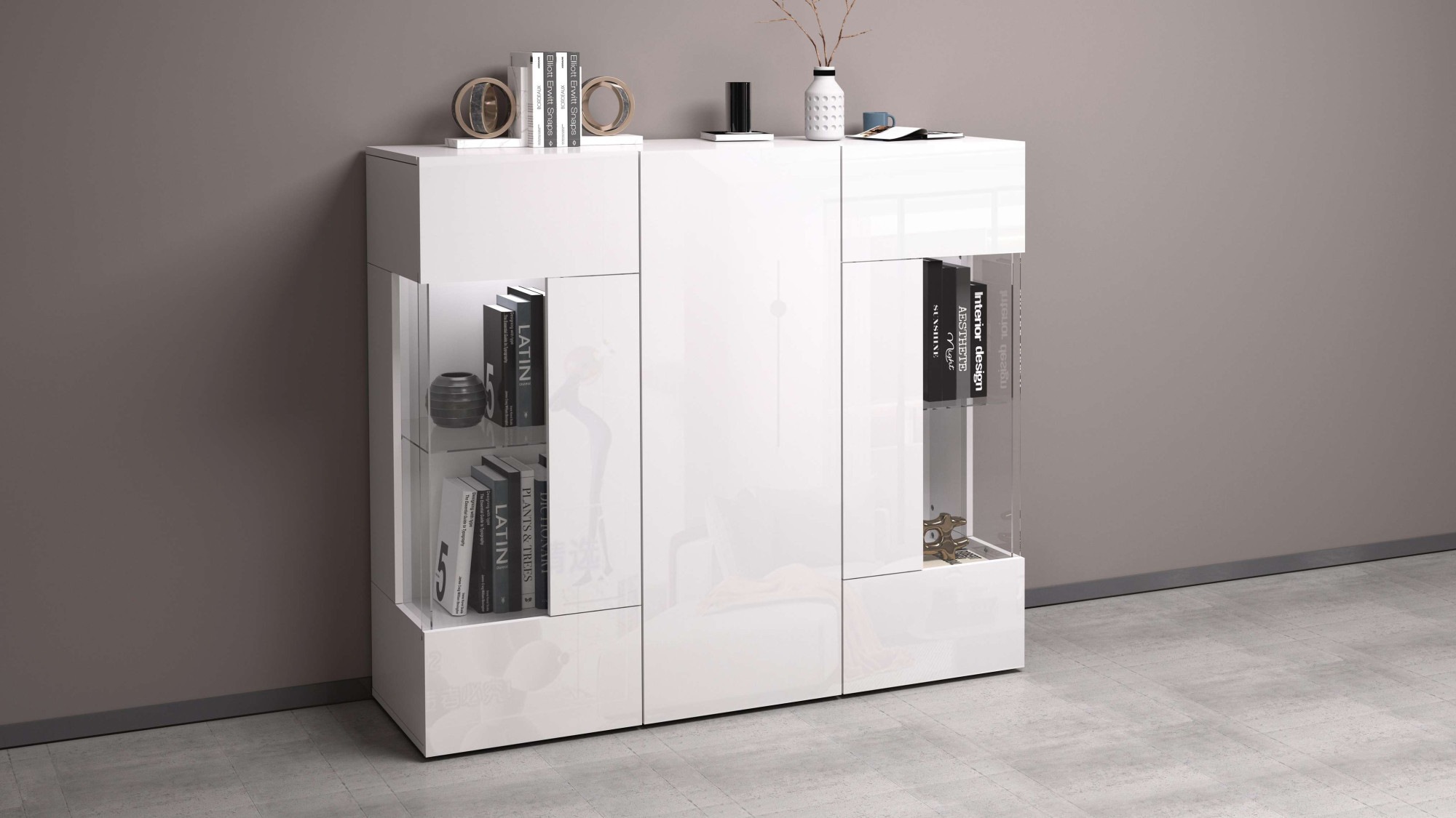 Image of GOODproduct Highboard "Egypt, Highboard, Hochschrank, Hochkommode, Vitrine" mit 3 Türen davon 2 mit Glaseinsatz,kompl. Hochglanz lack.,Breite 135
