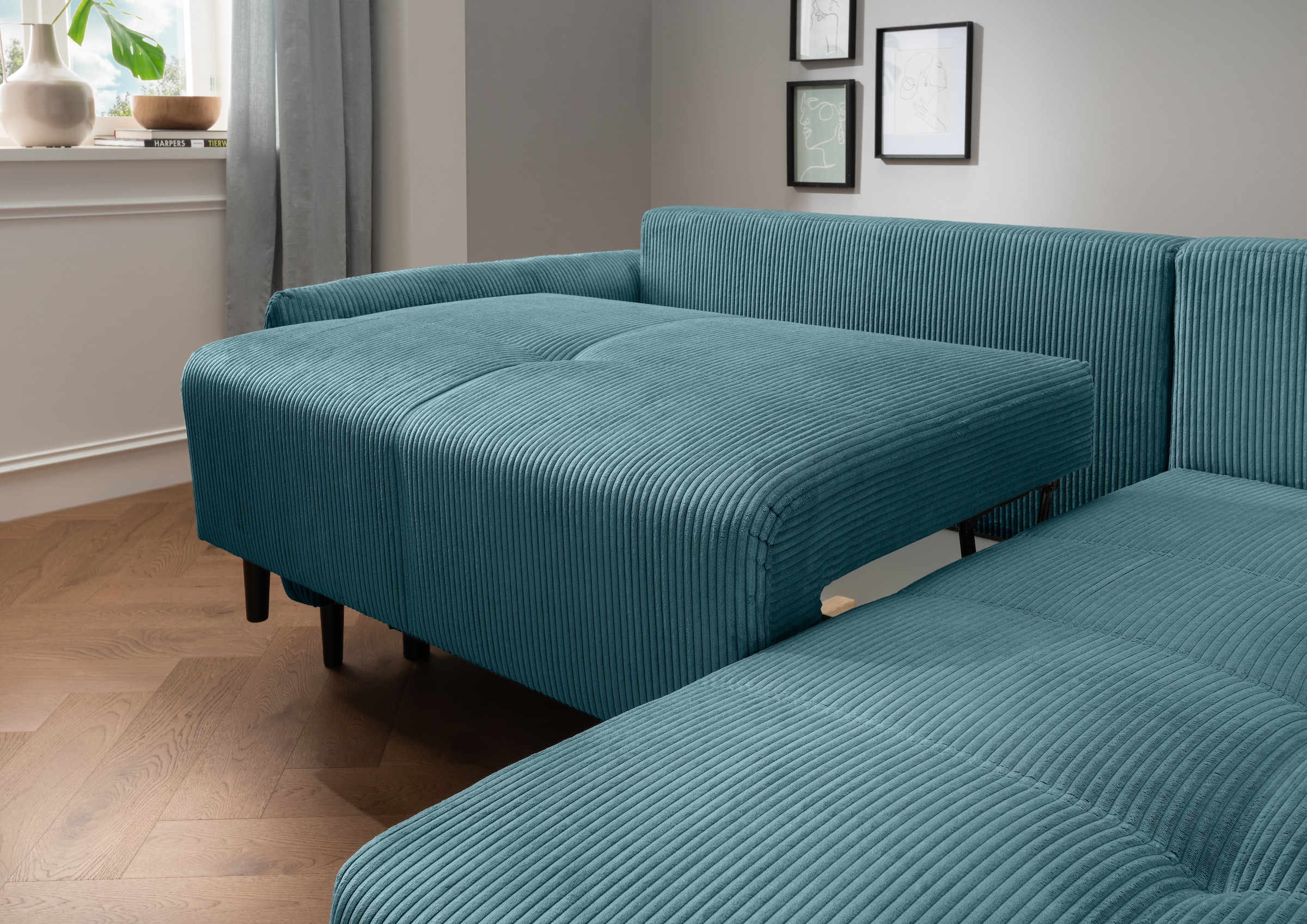 INOSIGN Ecksofa »Mara, L-Form, aktueller Cord Bezug und tolle Farben, schmale Armlehnen«, whlw. mit Bettfunktion,Recamiere links/rechts montierbar, Breite 238cm