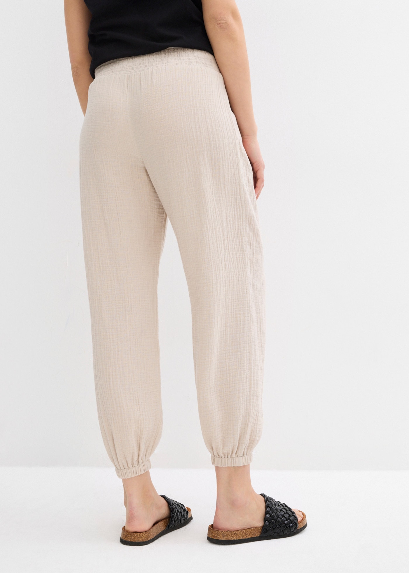 bonprix Pantalon de grossesse  en mousseline de coton, taille smock élastique, coupe ample