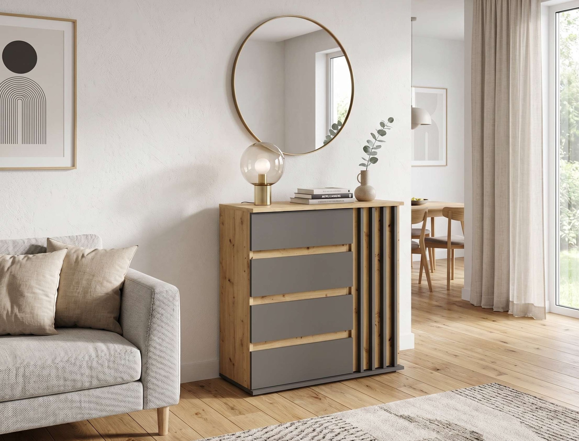 Home affaire Kommode »LANDUVA Sideboard mit viel Stauraum, Breite 80 cm« Schrank mit Schubladen und 1 Tür, Lamellen Design