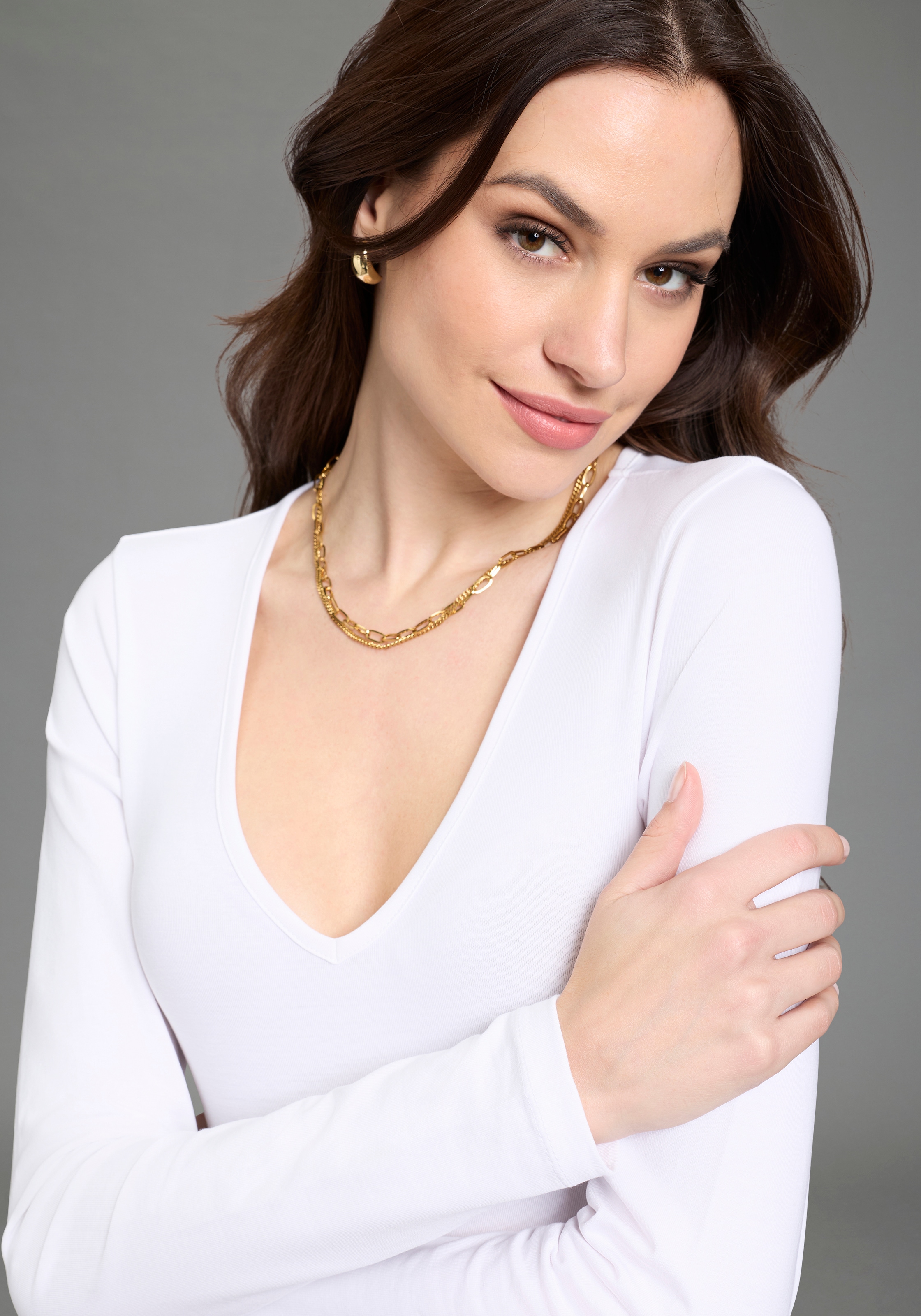 Laura Scott Langarmbody V-Ausschnitt, figurbetonte Passform, Basic Design