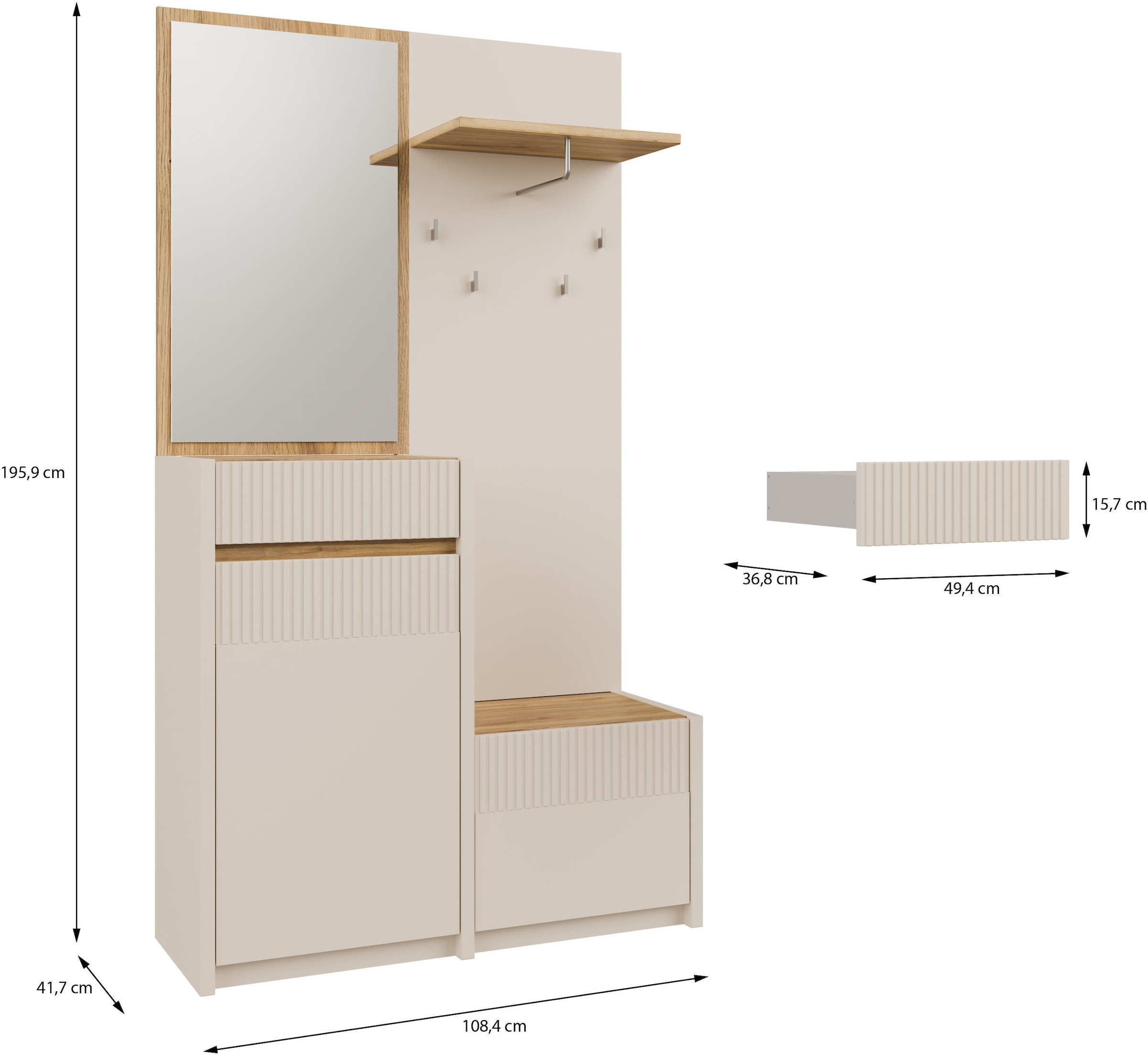 FORTE Kompaktgarderobe »Oak Squere Garderobe, 1 Türe, 1SK, 1 Klappe« B/H/T 108,4 /195,9/41,7 cm Spiegel, Haken, Kleiderstange