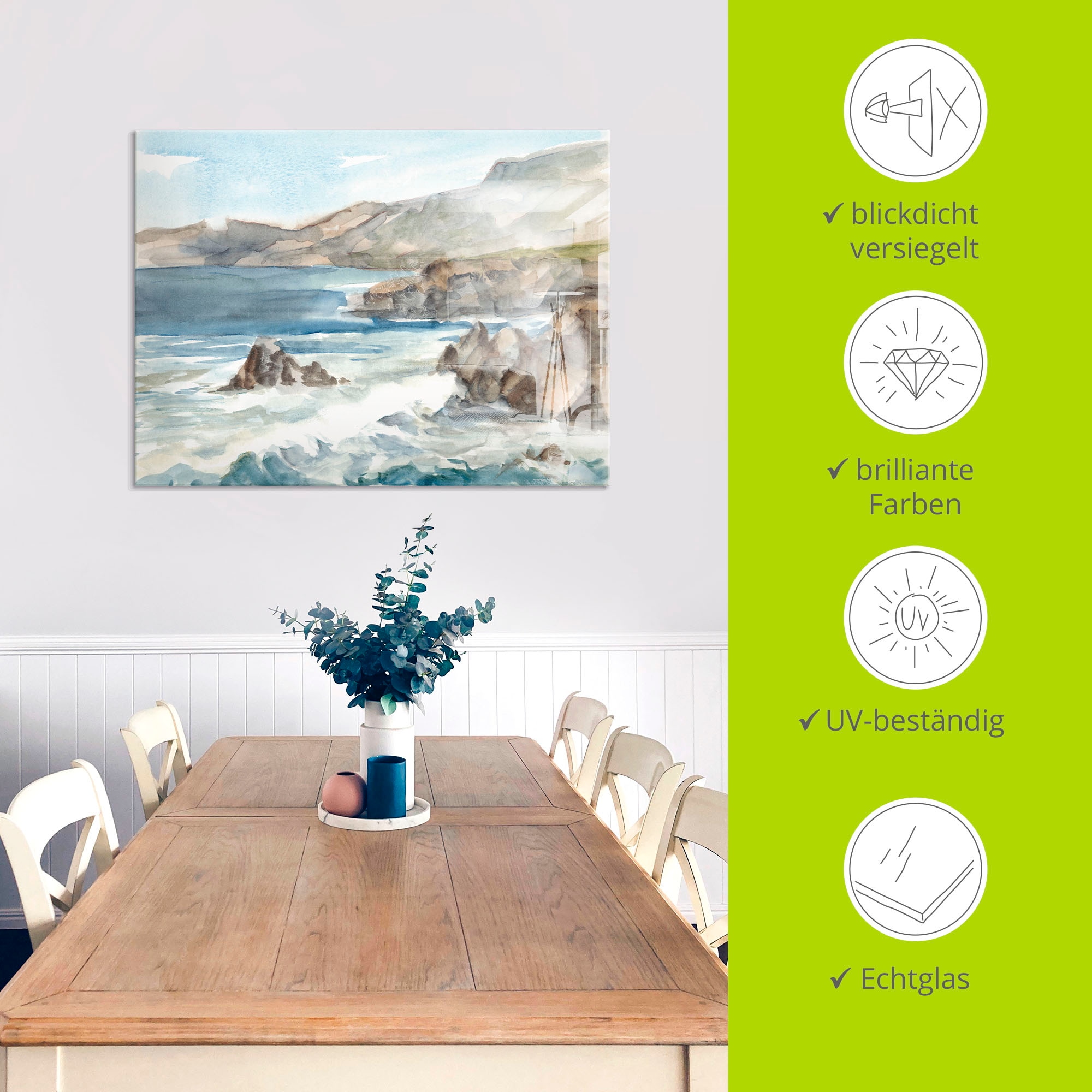 Artland Glasbild »Wasserfarben Küste II« Küste 1 Stk. tlg. in verschiedenen Grössen