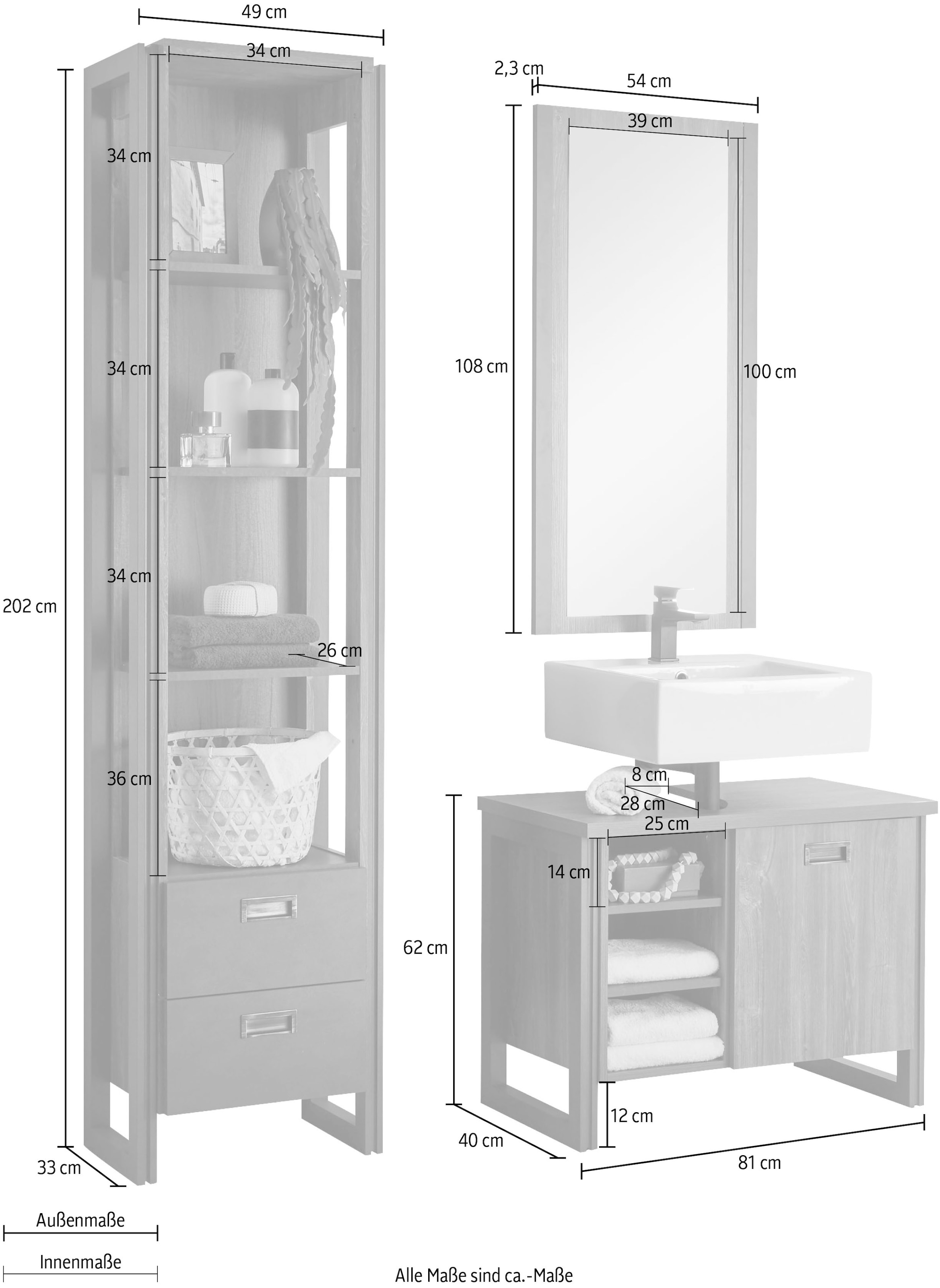 Home affaire Badmöbel-Set »Detroit, Bad im Industrialdesign, 3-teiliges Badezimmer«, (Set, 3 St.), Unterschrank, Regal & Spiegel, holzfarben, offene Fächer & Stauraum