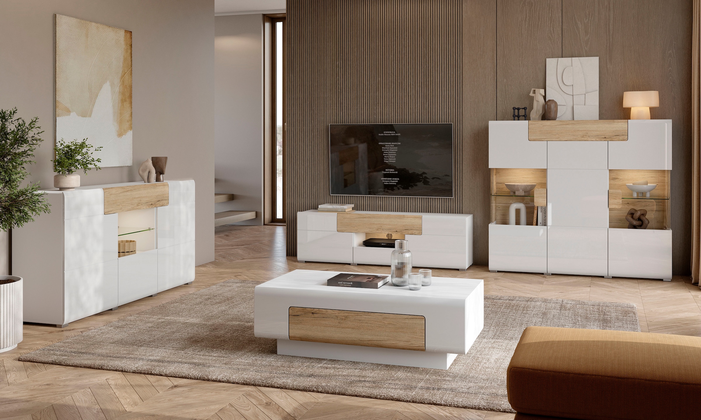 GOODproduct Buffet haut »Toledo,Breite 147,5cm,trendige Hochkommode mit 3Türen und Schublade« Armoire haute avec parties en verre, façades laquées brillantes stylées