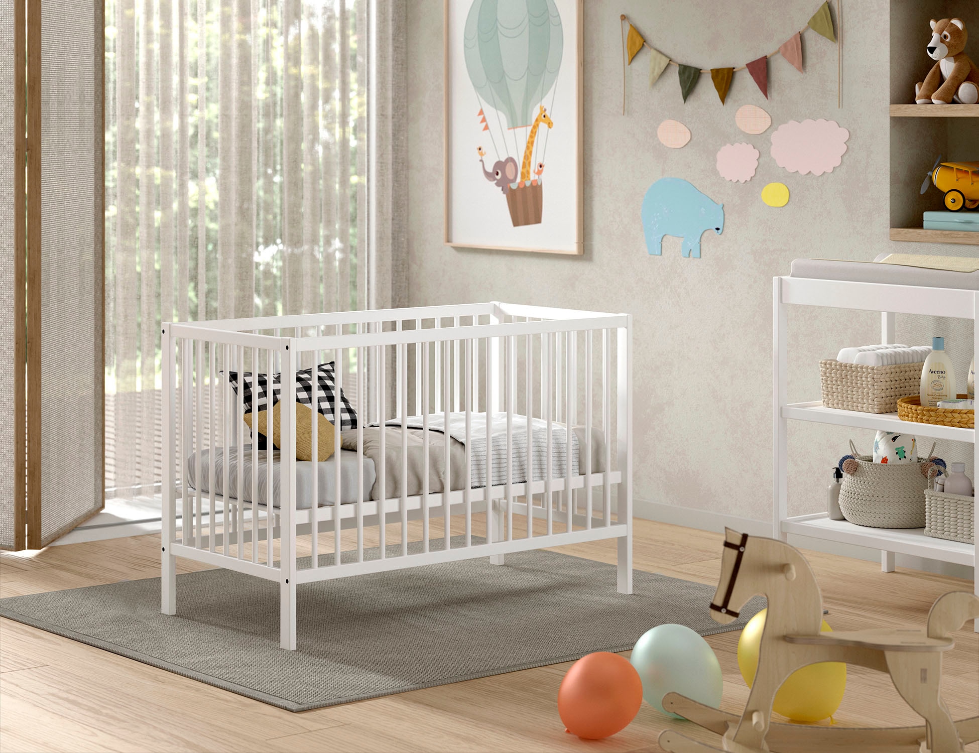 Vipack Babybett »Dino 60/120 cm mit 3-fach verstellbarem Lattenrost, stabile Bauweise« Gitterbett aus massiver Buche, wahlweise in 3 Farben