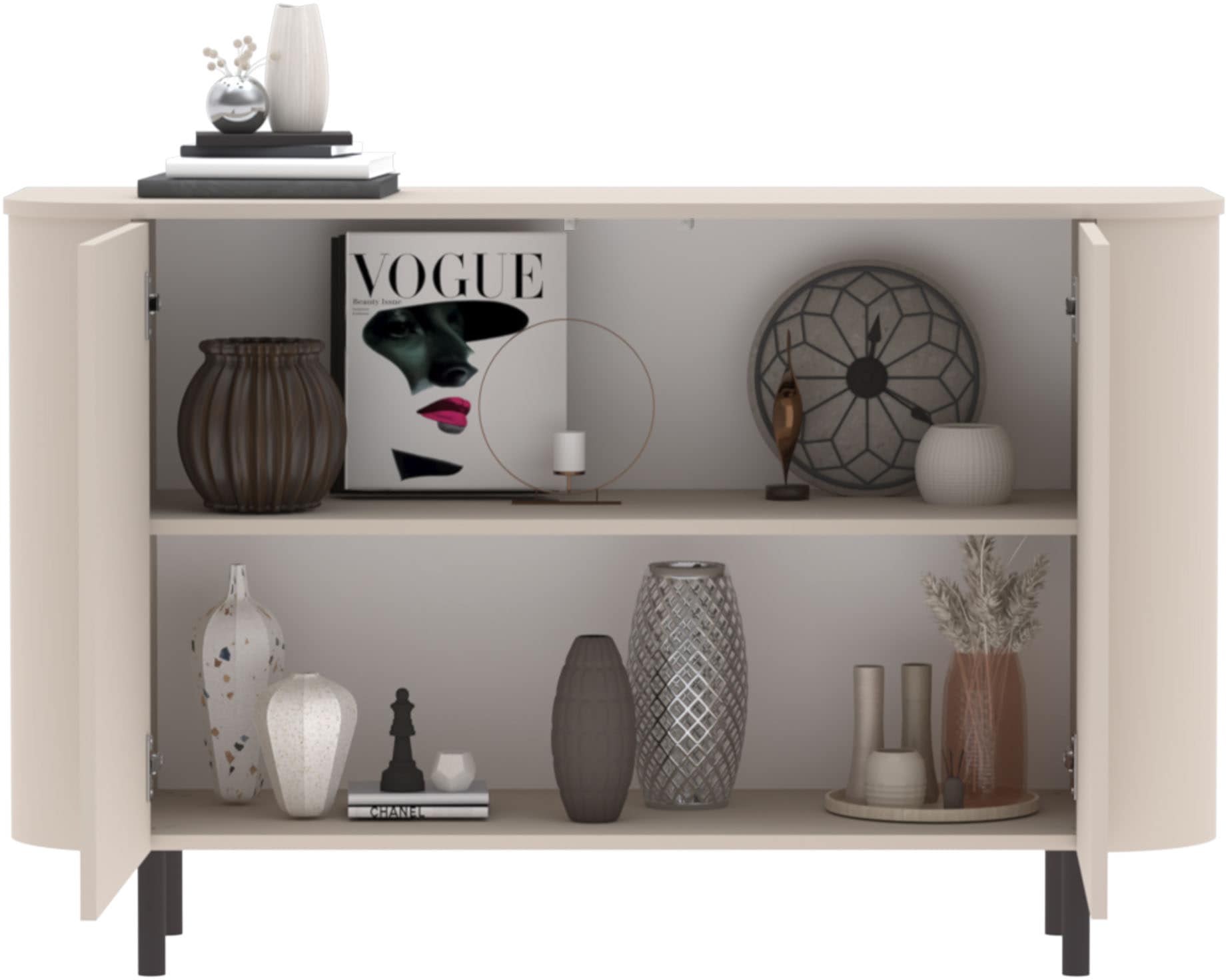 INOSIGN Sideboard »Lido, 131 cm breit, 2 Türen, Anrichte, Kommode, Stauraumschrank« Formgebogenes MDF, Stirnseiten mit Rundung, Push-to-open, Metallfüsse