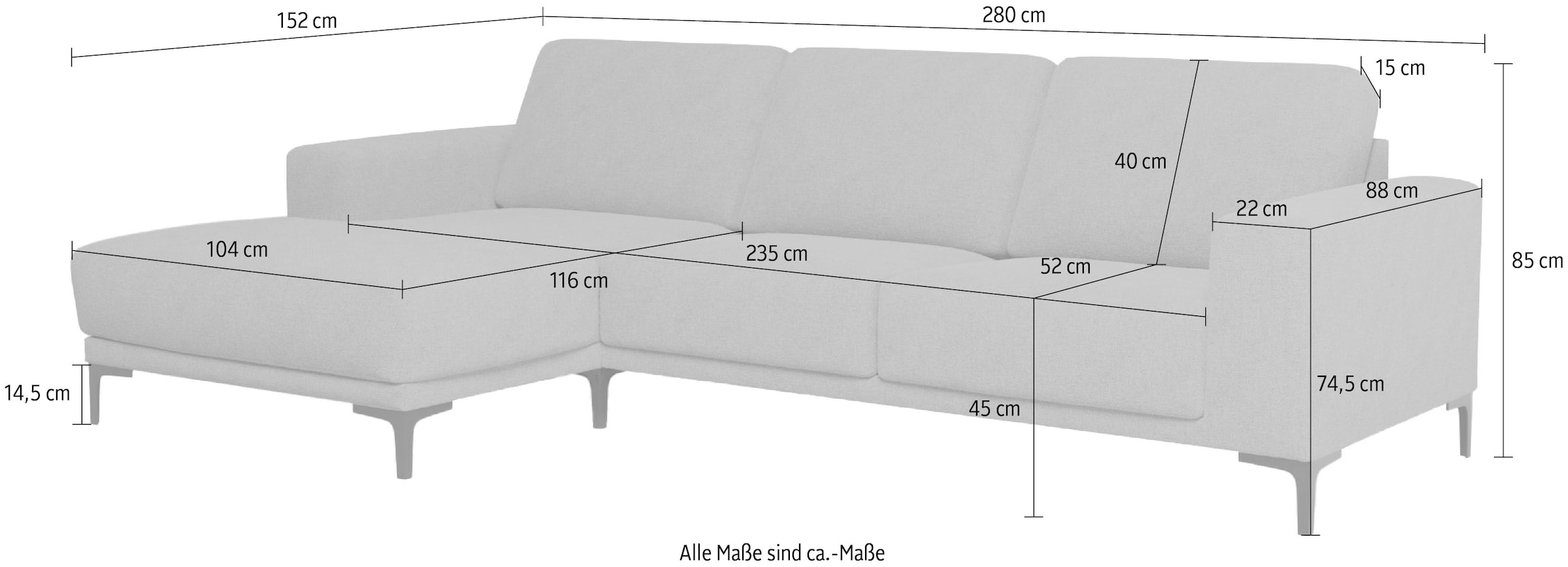 Places of Style Ecksofa »Xander, L-Form,«, Breite 280 cm, Soft-Touch Chenille, schwarze Metallfüsse