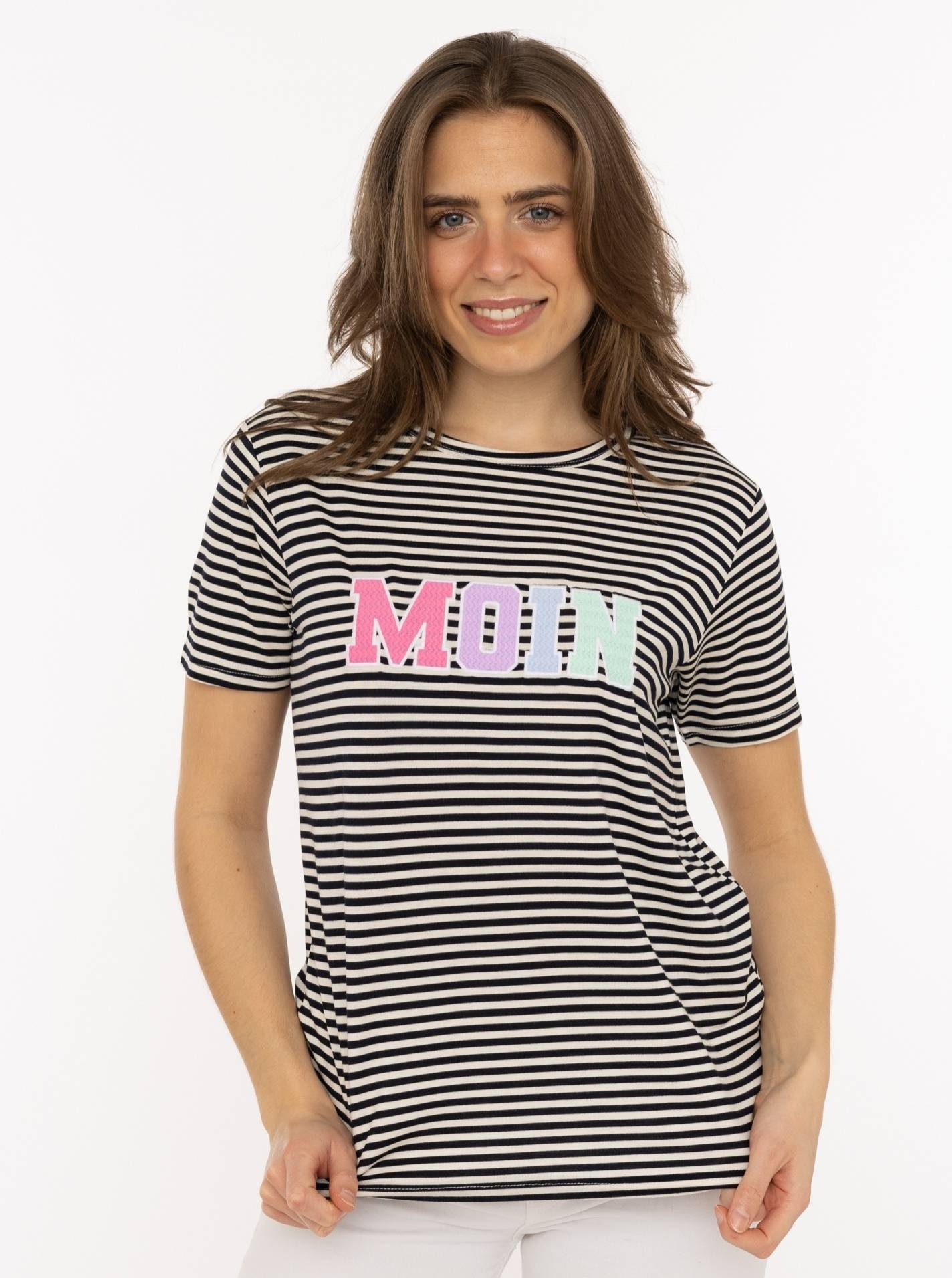 Image of Zwillingsherz T-Shirt ""Anker Moin"" gestreift, gestickter Schriftzug, maritim, Rundhals
