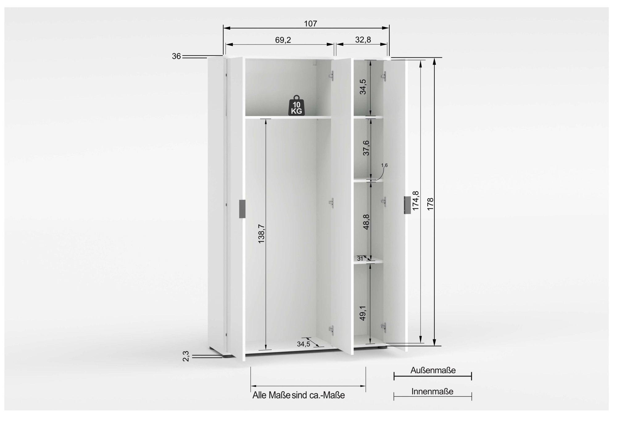 Home affaire Mehrzweckschrank »Stauraumschrank , Breite 107 cm , Höhe 178 cm« 1 Stk. tlg. 3 Türen,3 kleine ,1 grosser Einlegeboden- Schrank hochglanz lackiert