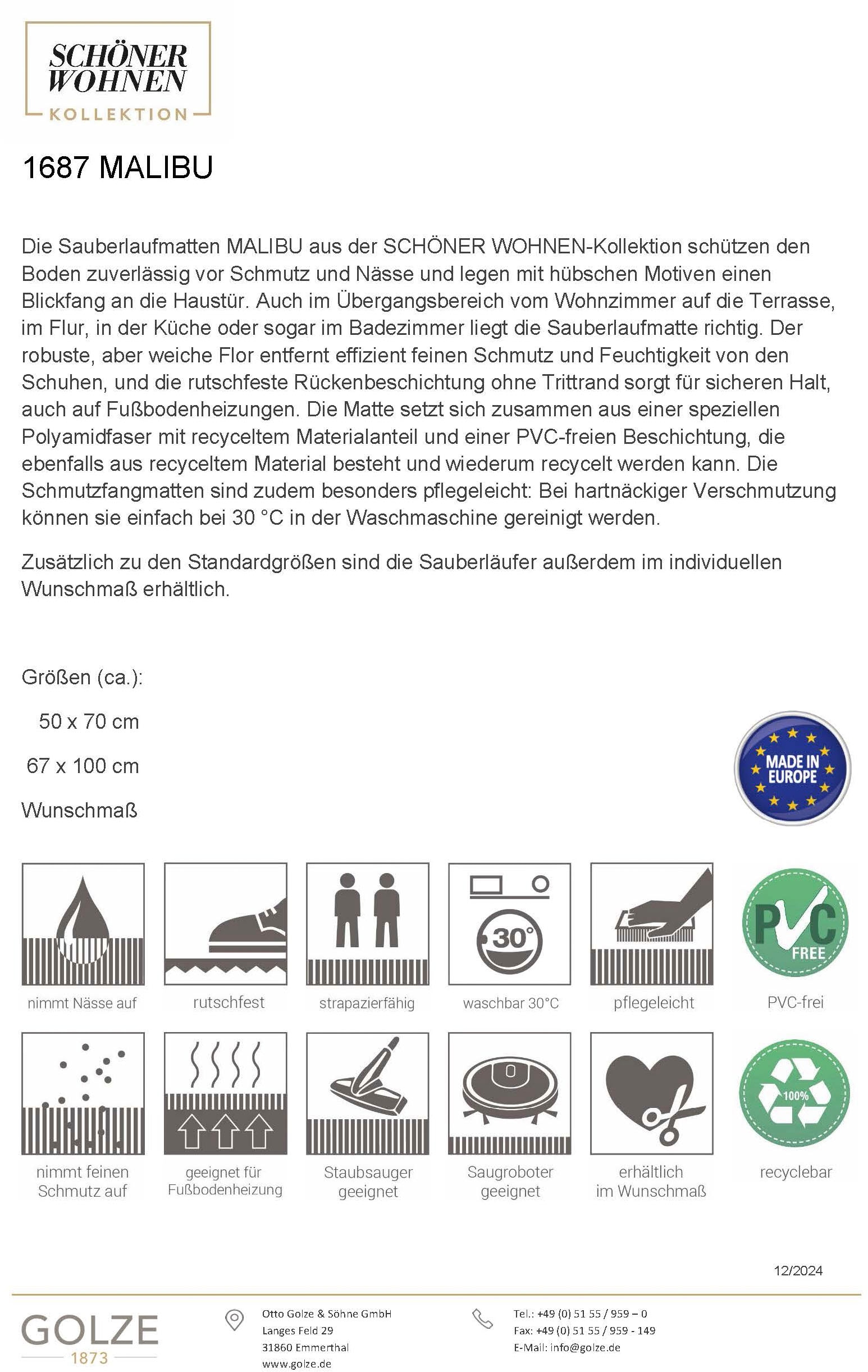 SCHÖNER WOHNEN-Kollektion Fussmatte »Malibu« rechteckig 7 mm Höhe Türmatte, Schmutzfang, In und Outdoor, Sauberlauf, waschbar