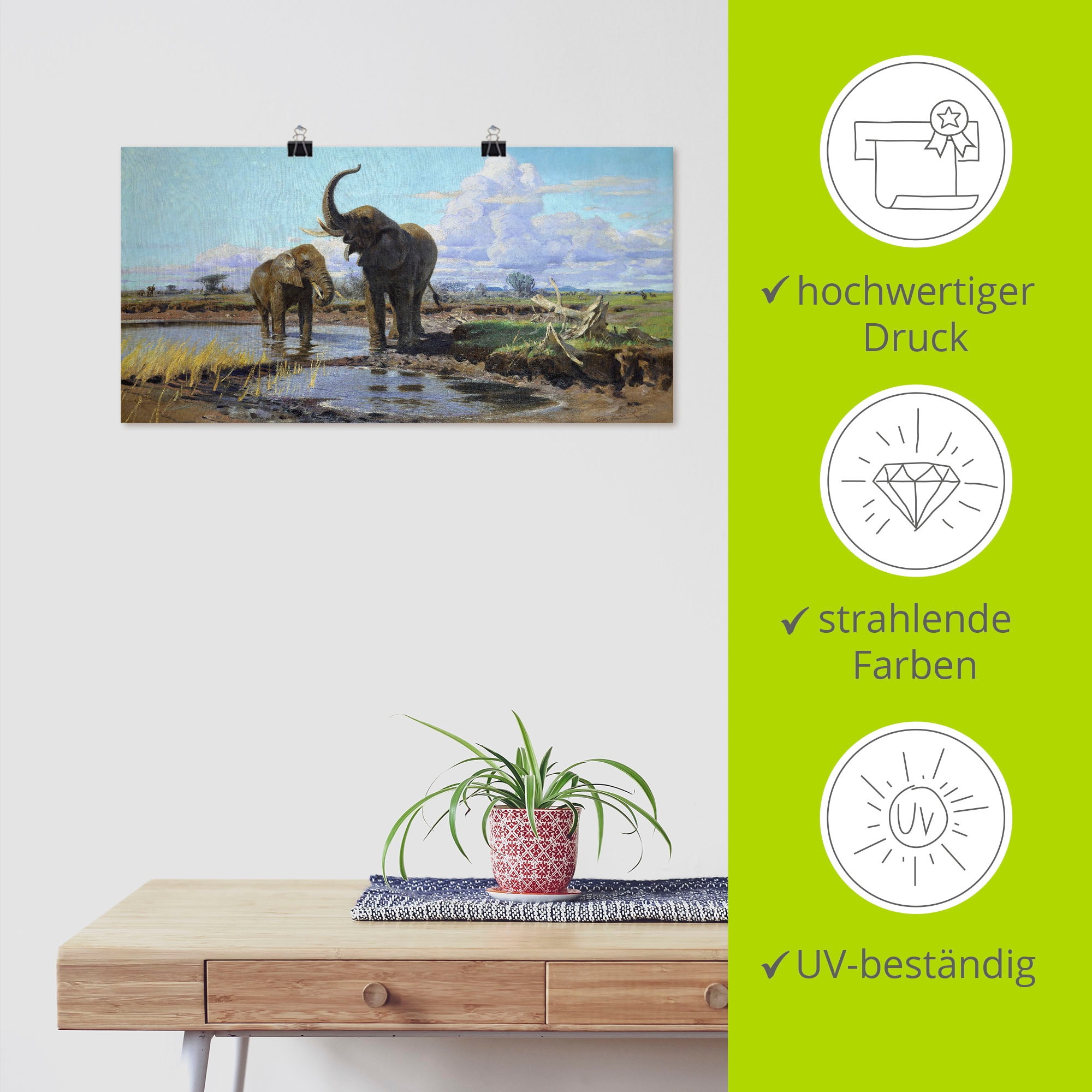 Artland Kunstdruck »Elefanten an der Wasserstelle.«, Wildtiere, (1 St.), als Alubild, Leinwandbild, Wandaufkleber oder Poster in versch. Grössen