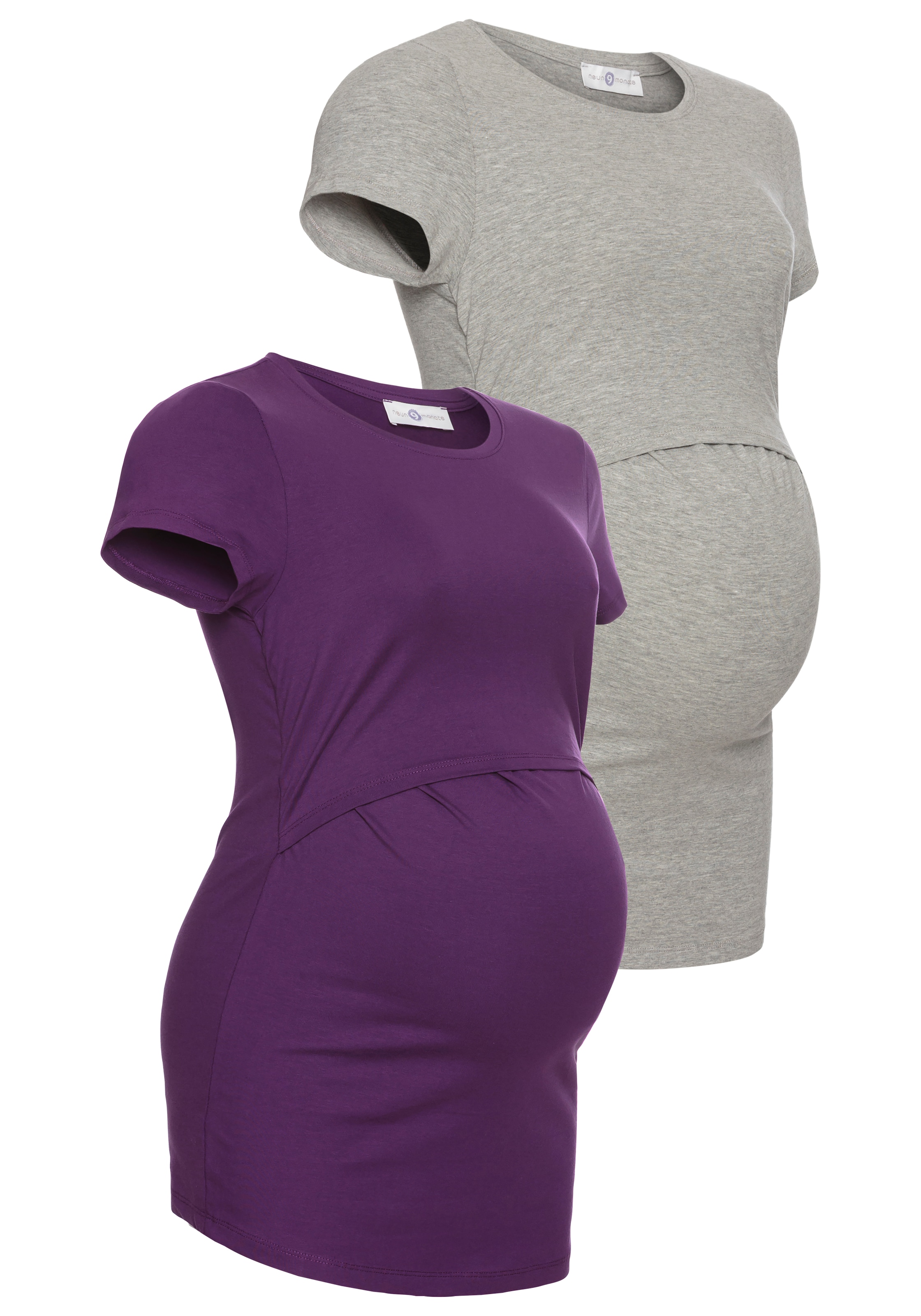 Image of Neun Monate Umstandsshirt ", 2er Pack T-Shirts für Schwangerschaft und Stillzeit" Packung, 2, 2 Stk. kurzärmelig, figurbetonte Passform, unifarben, Rundhalsausschnitt