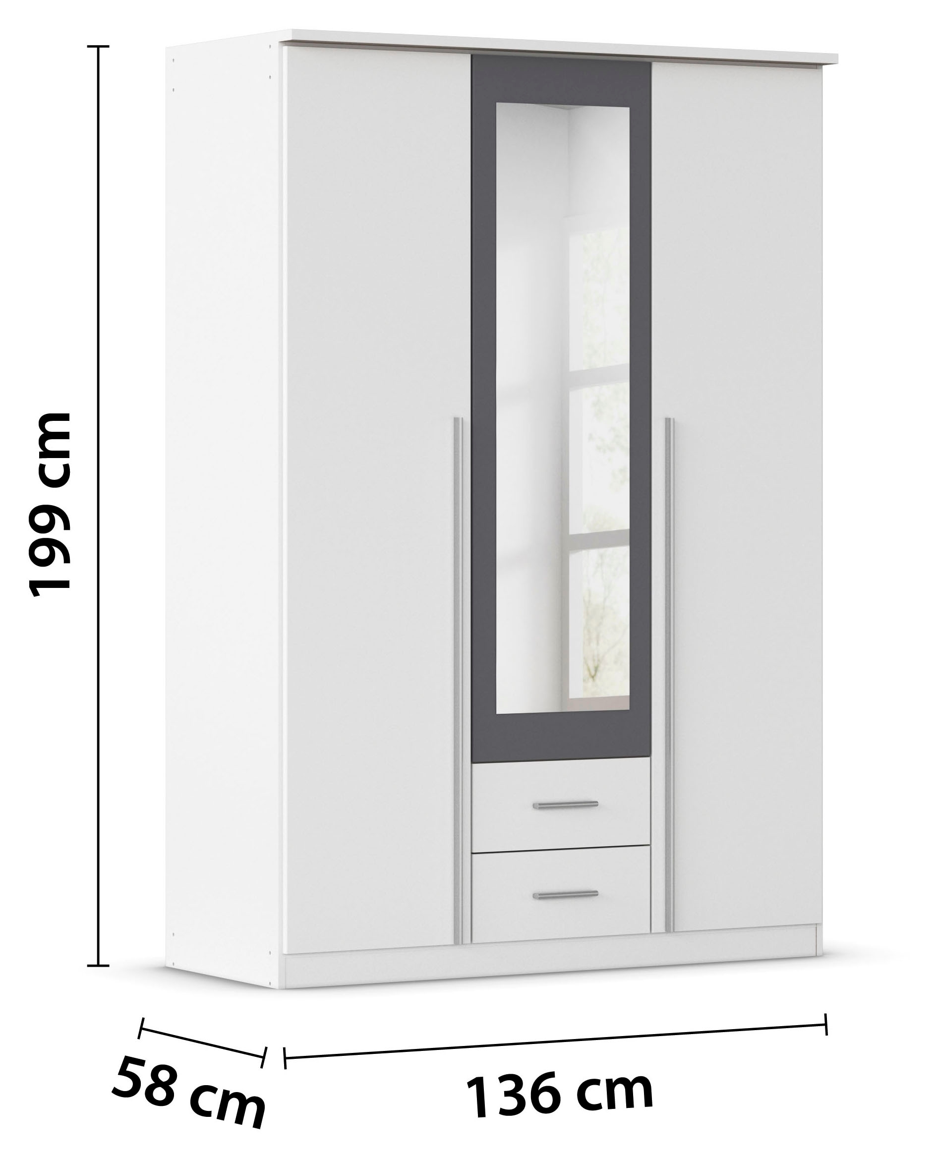 rauch Kleiderschrank »Kleiderschrank Schrank Garderobe Wäscheschrank Ankleide KREFELD« Breiten: 136/181 cm, Höhe: 199 cm,  farblich abgesetzte Spiegelumrandung, Griffstangen MADE IN GERMANY