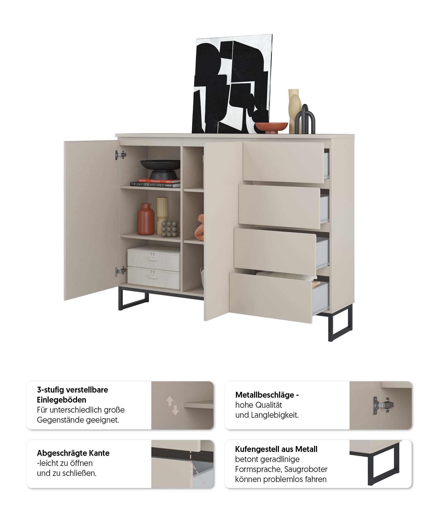 GOODproduct Sideboard »Modo II, Breite 150 cm, moderne grifflose Kommode 2Türen/4 SK« Schubladenschrank viel Stauraum, Einlegeböden verstellbar, Metallkufen