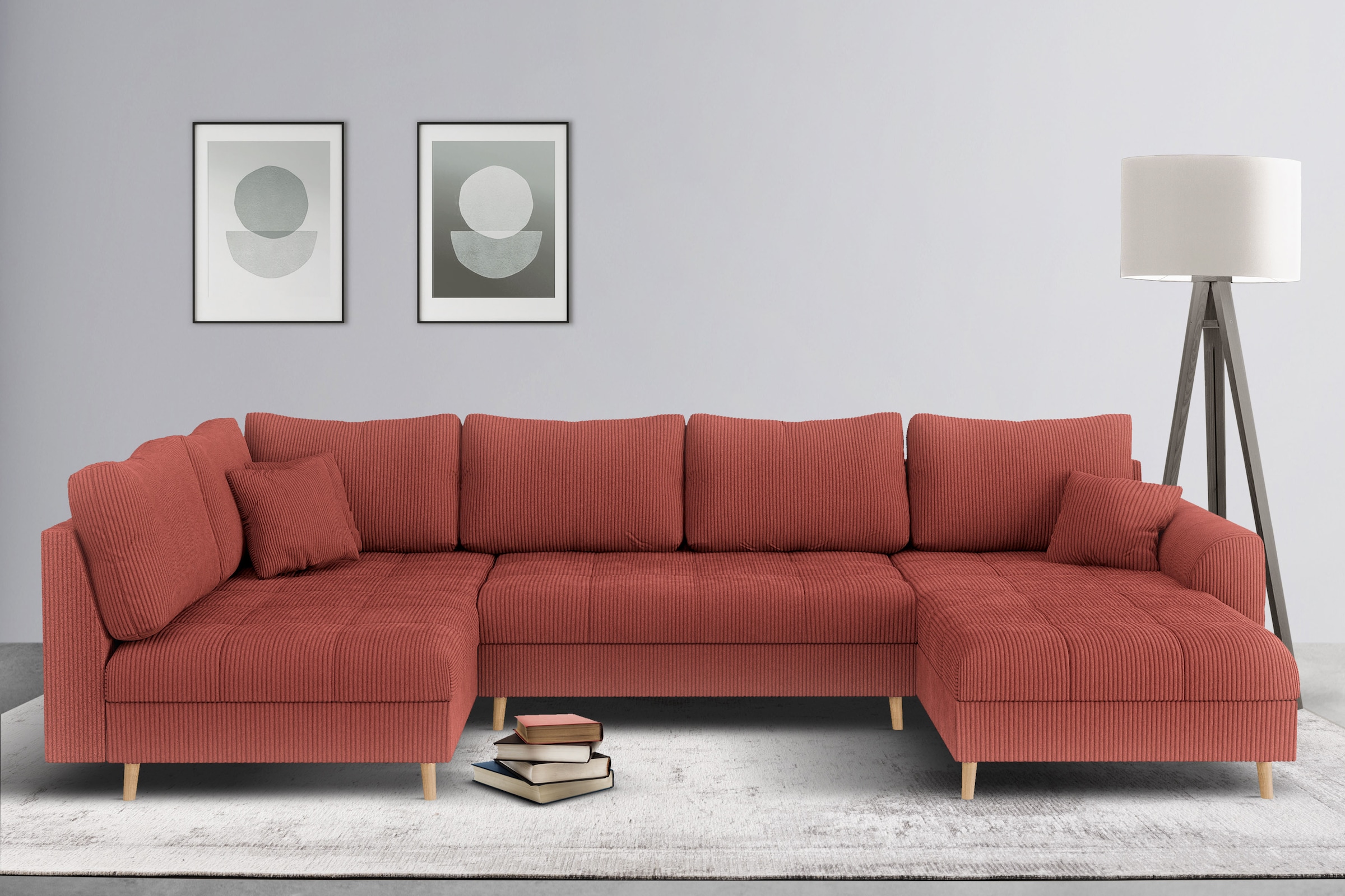 Home affaire Wohnlandschaft »CHARRE U-Form mit Ottomane, Masse B/T/H: 310/161/81 cm«, feine Steppung, lose Rücken- und Zierkissen, auch in Cord und Bouclé