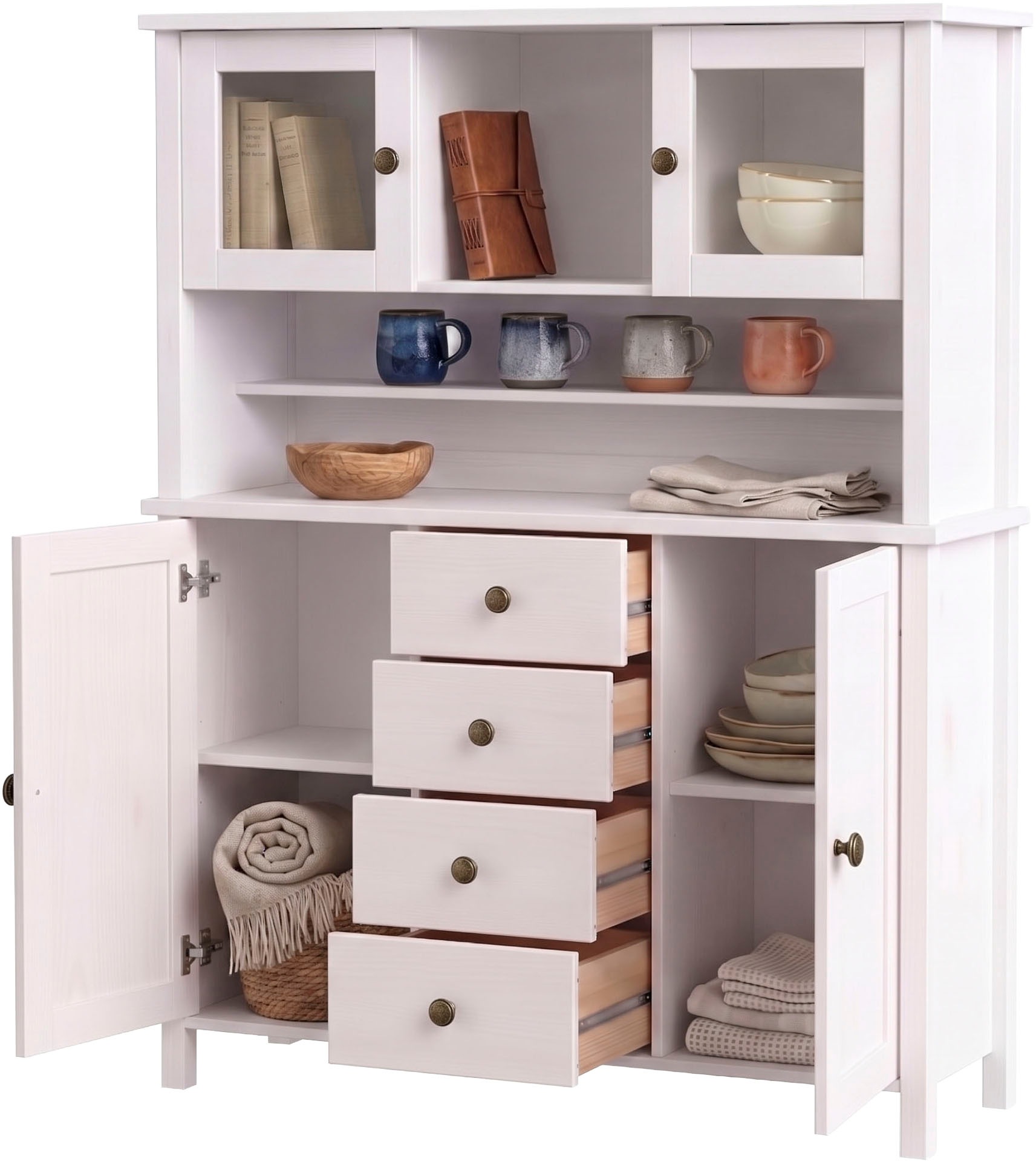 GOODproduct Buffet »Mikkeli Küchenbuffet mit 2 Glastüren, Metallgriffe« aus massiver FSC®-zertifizierter Kiefer, moderner Landhausstil