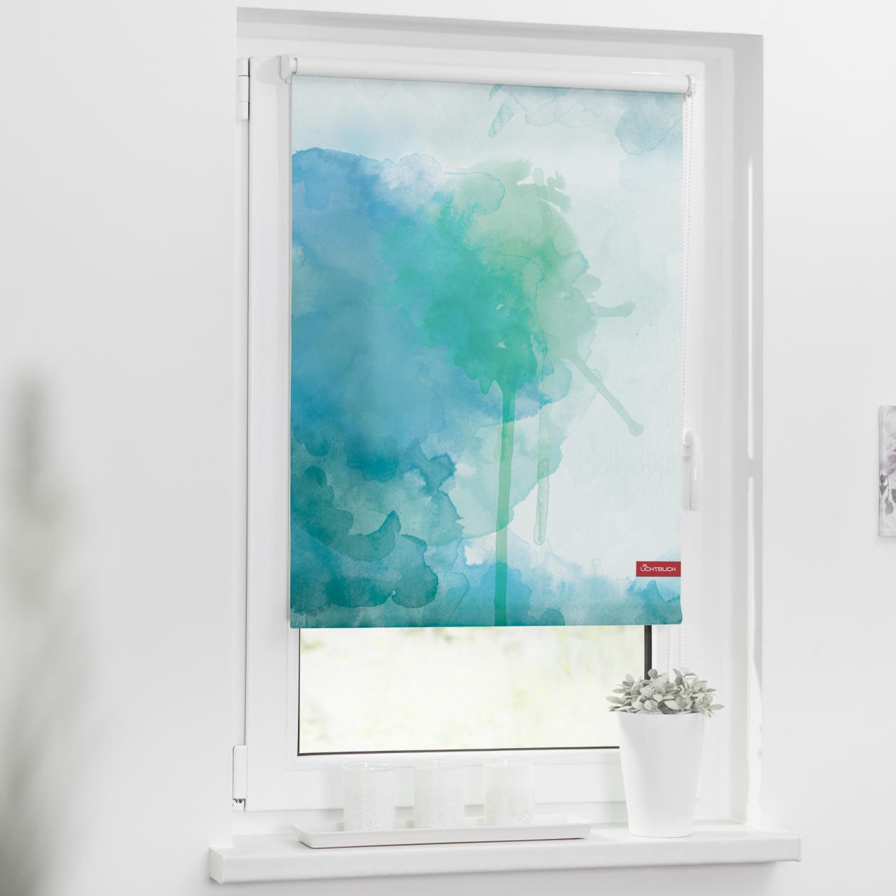 Image of LICHTBLICK ORIGINAL Seitenzugrollo »Rollo Klemmfix, ohne Bohren, Verdunkelung, Aquarell - Blau Grün«, verdunkelnd, Verdunkelung-energiesparend, freihängend bei Ackermann Versand Schweiz