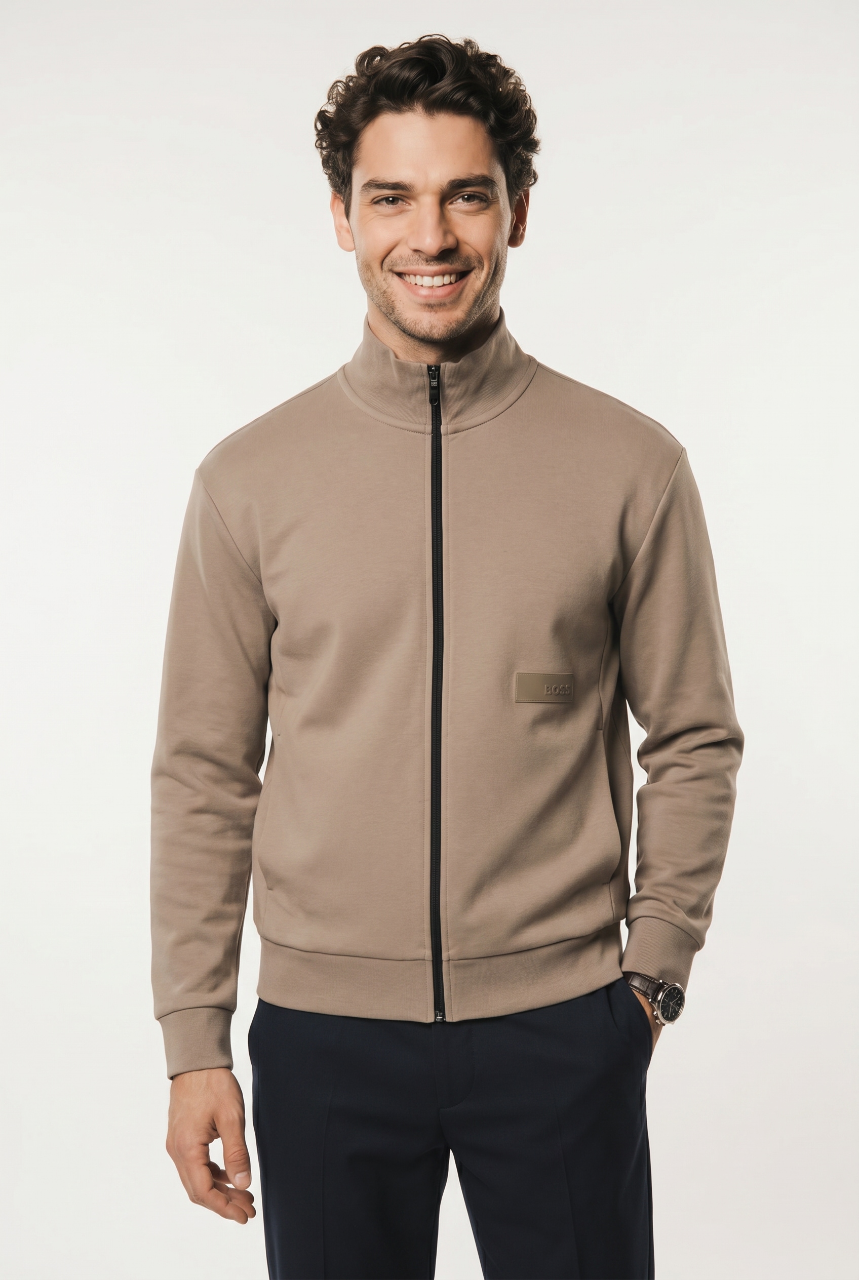BOSS GREEN Veste sweat Col montant, coupe décontractée, bord-côtes