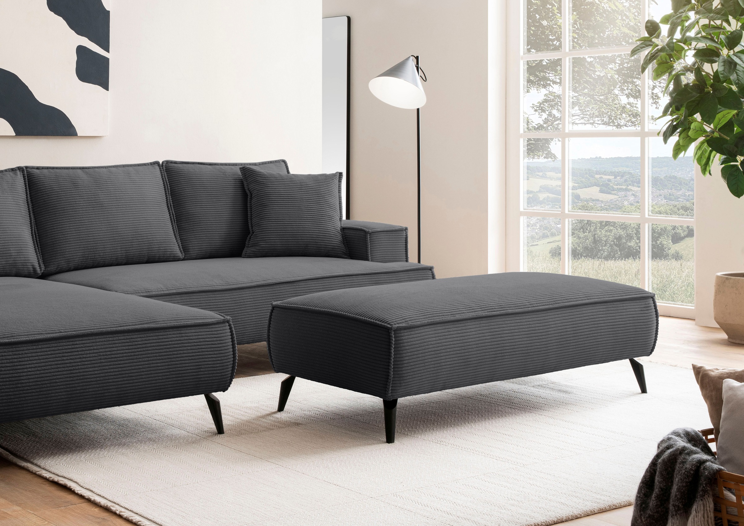 GOODproduct Tabouret »TVINNU, mit Kedernaht, Cord u. Flachgewebe« zur Serie TVINNU, gemütlicher Sitzkomfort, rechteckig, schwarze Füsse