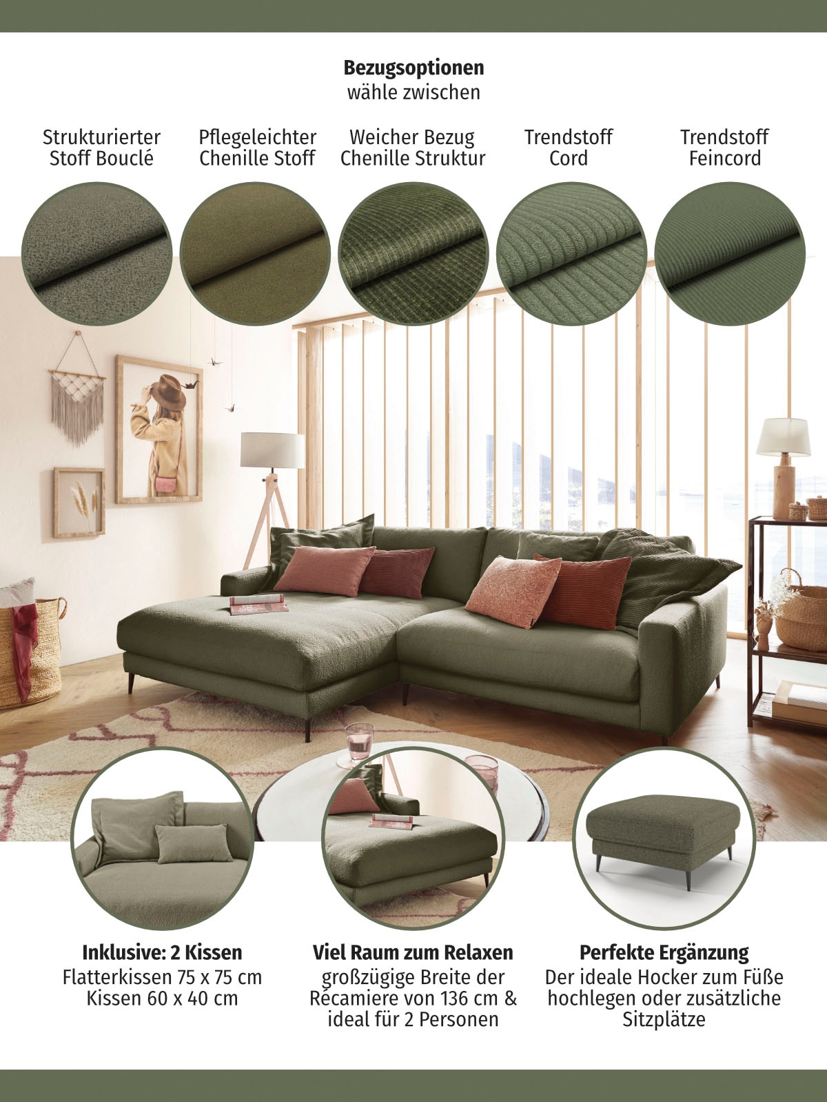 Home affaire Canapé d'angle »Downtown, B/T/H: 272/190/84 cm L-Form« confort d’assise doux aussi en velours côtelé et bouclé, incl. coussin décoratif
