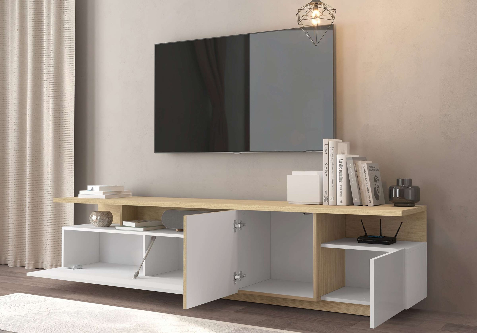 GOODproduct Table basse »Lowboard ETHOS,Lowboard,TV-Kommode,TV-Möbel,TV-Bank« 1 cuis tlg. Avec deux portes tournantes, une porte battante et deux compartiments ouverts, L.210 cm