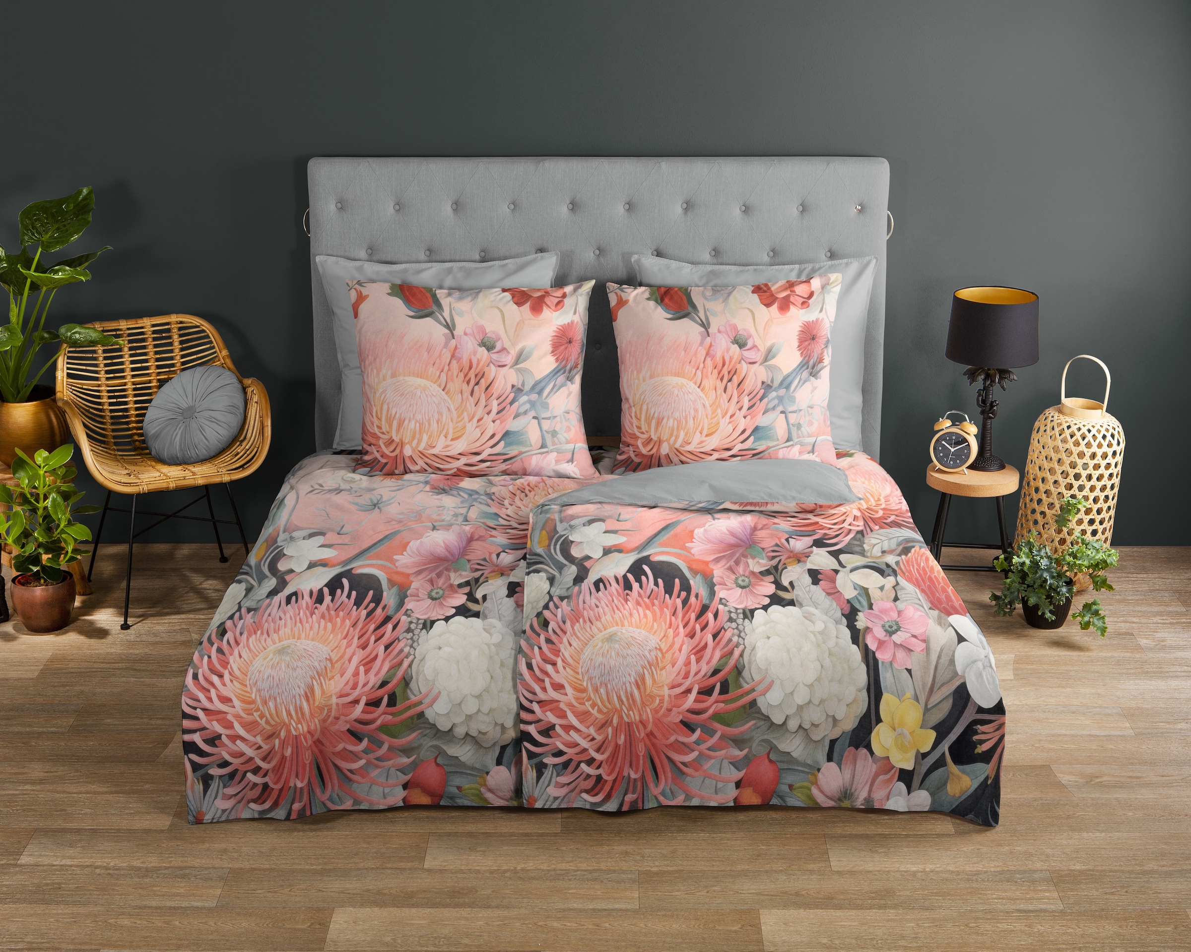 good morning Wendebettwäsche »Delphine«, 100% Baumwolle, Renforcé, Reissverschluss, Wendeoptik, Blumen, Pfirsich