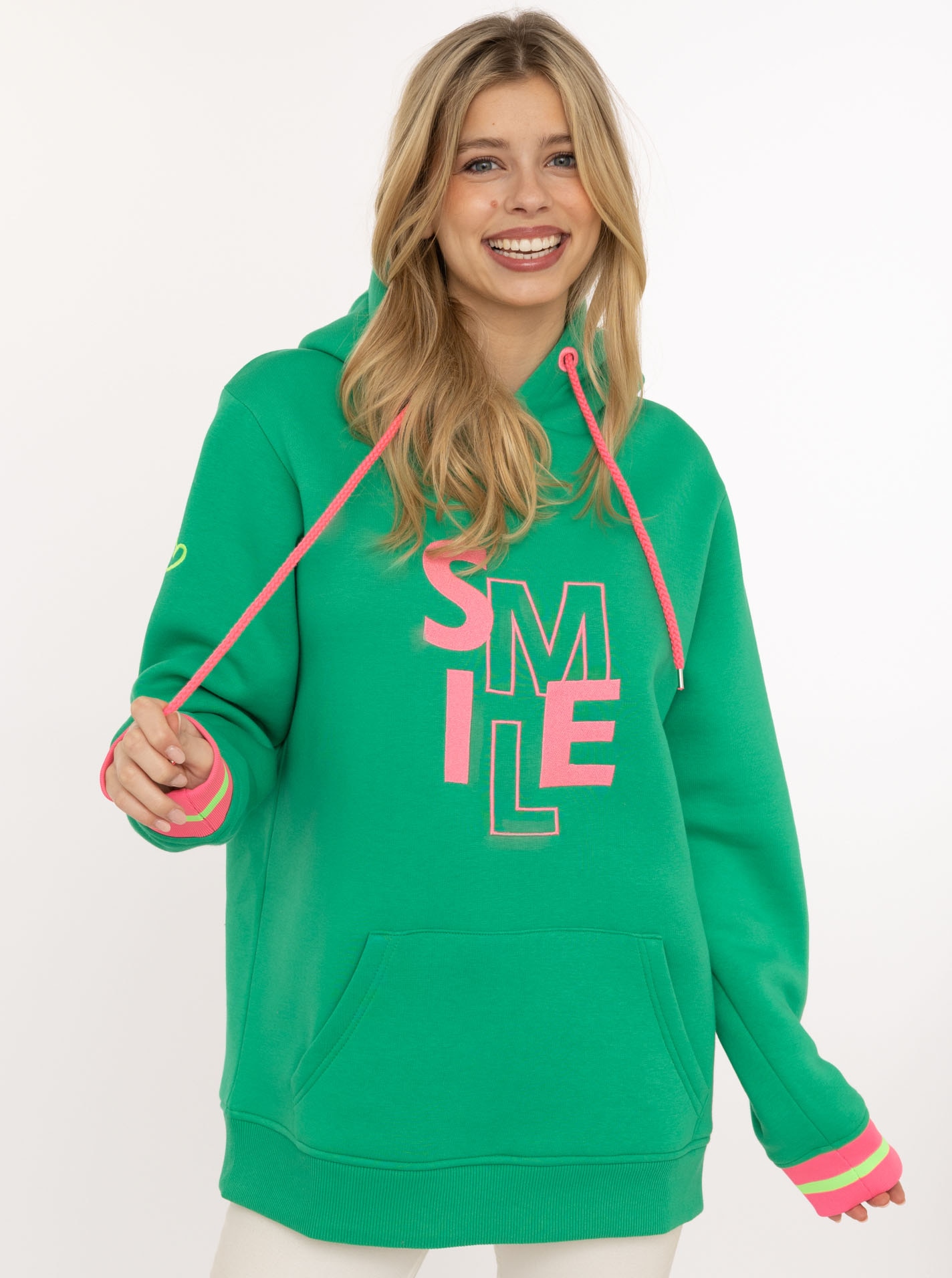 Image of Zwillingsherz Hoodie ""SMILE"", grosse Stickerei, gestreifte Bündchen, Fronttasche, Kapuze