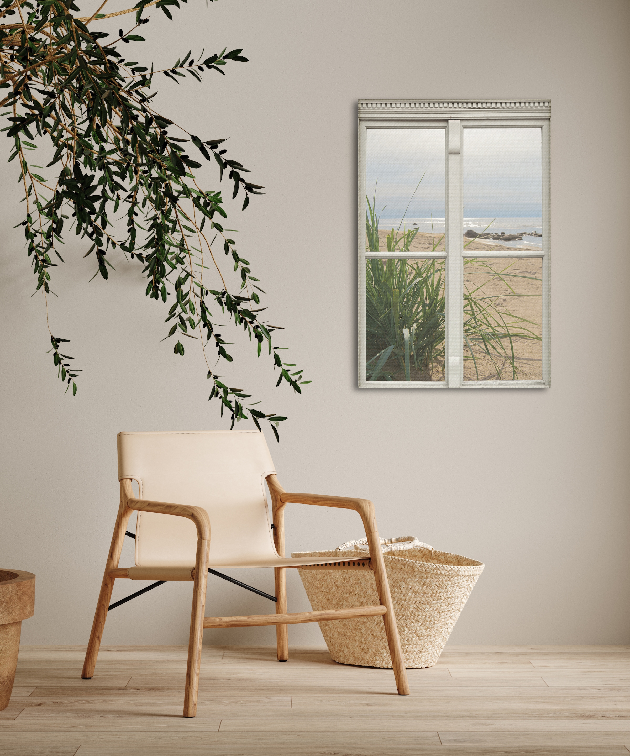 queence Leinwandbild »Ausblick«, Düne-Gräser-Natur-Meer-Fensterblick, (1 St.), Premium-Leinwandstoff