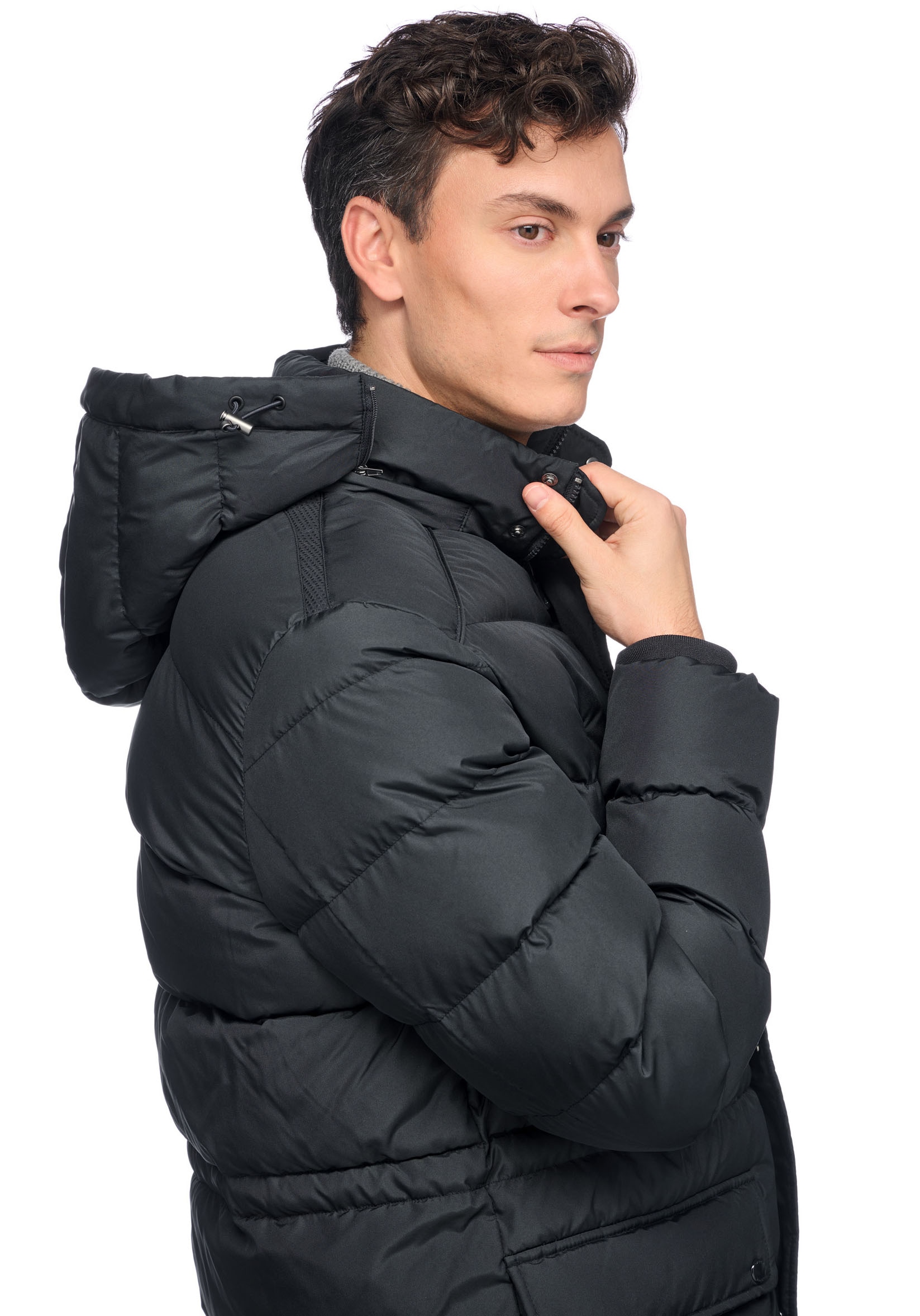 Geox Langjacke »LEITAN«, mit Kapuze, mit Kapuze, 4 Taschen, verdeckter Reissverschluss + Drucker