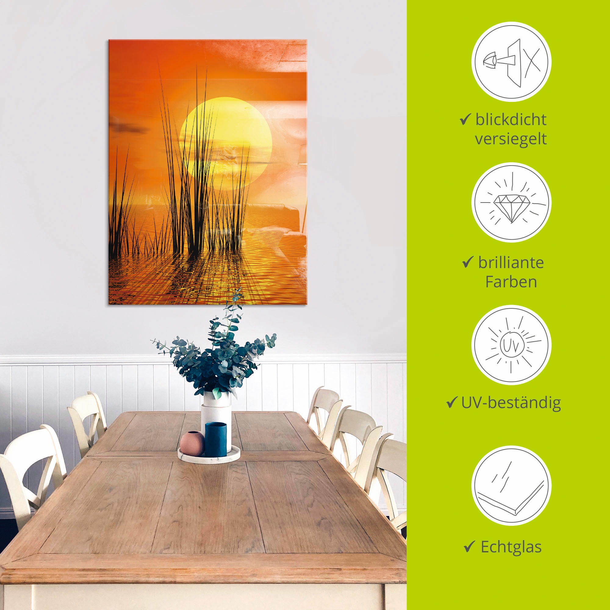 Artland Glasbild »Sonnenuntergang mit Schilf«, Sonnenaufgang & -untergang, (1 St.), in verschiedenen Grössen