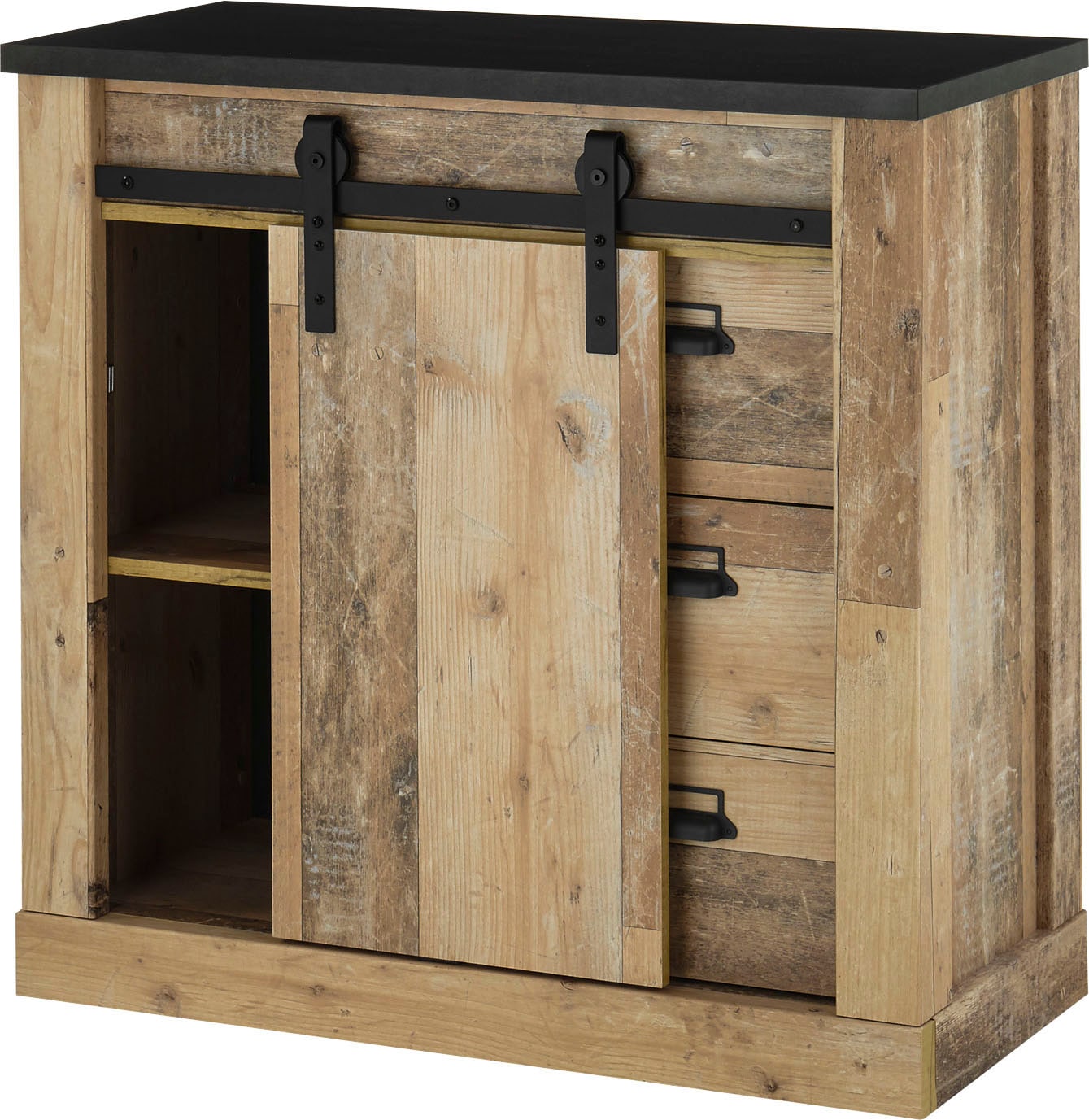 Home affaire Wohnwand »SHERWOOD«, (4 St.), mit Scheunentorbeschlag, Apothekergriffe aus Metall, Breite ca. 388 cm