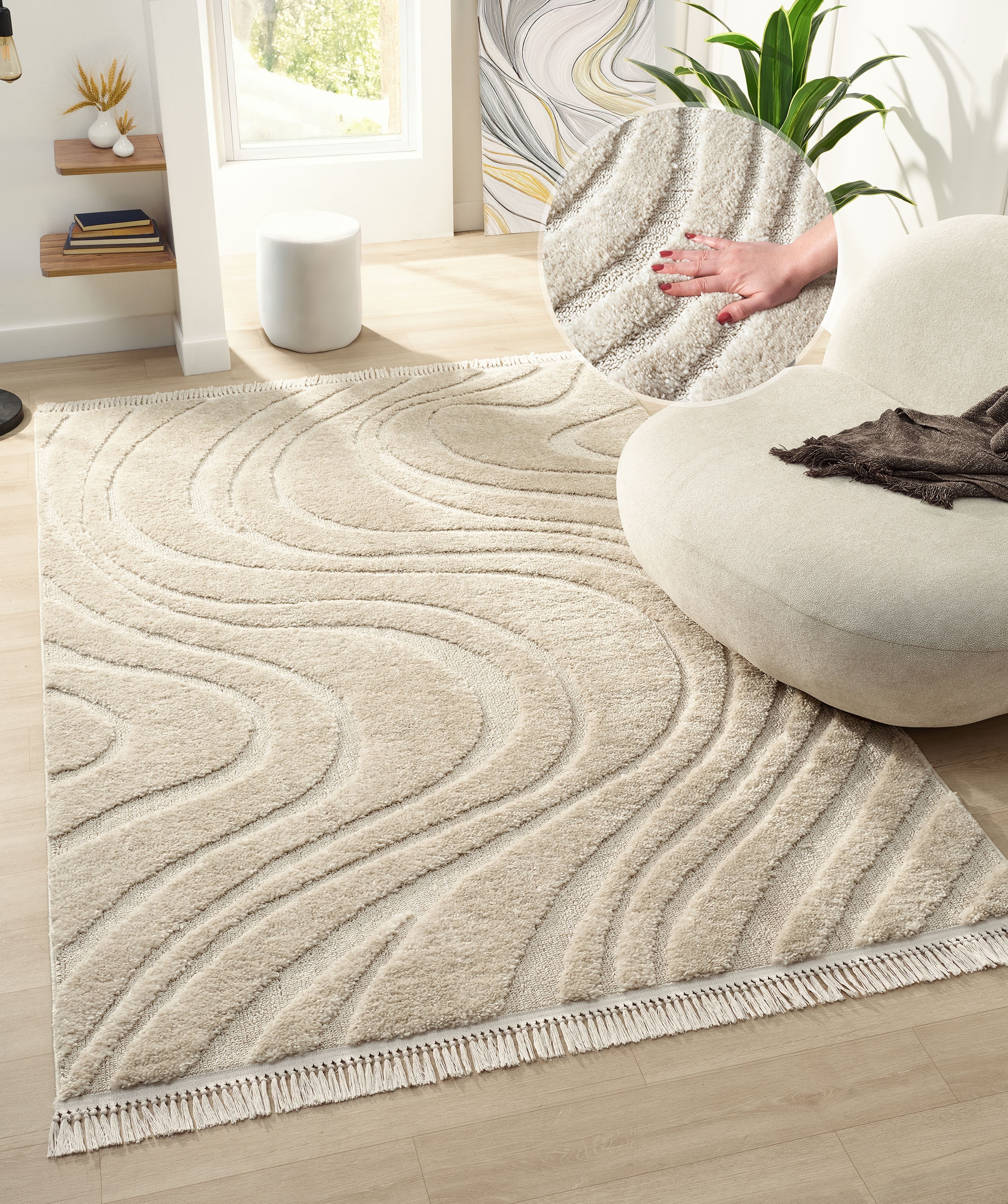 homsy by Ana Johnson Teppich »Waavy mit Fransen, Wellen Design« rechteckig 20 mm Höhe Boho, 3D Optik, Scandi, Hoch-Tief, Wohnzimmer, Schlafzimmer