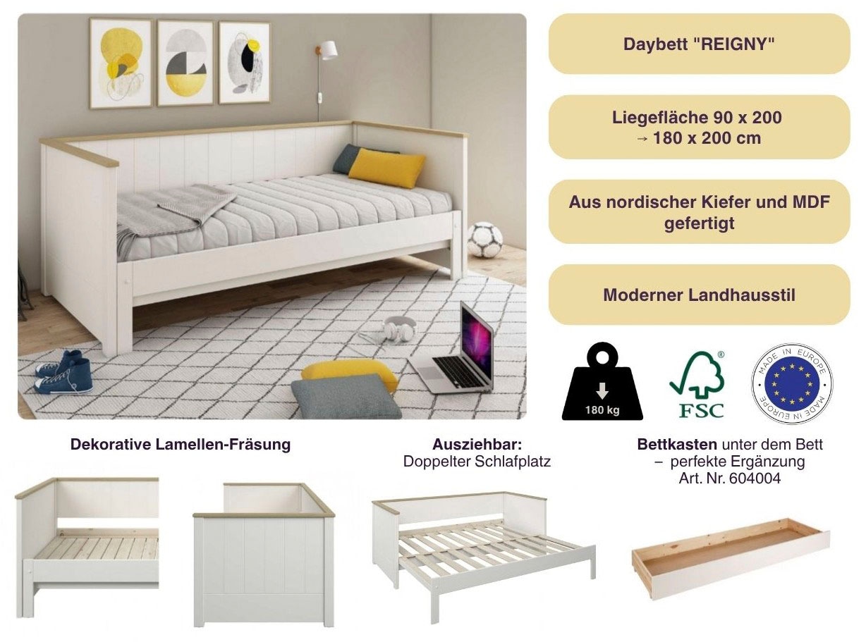 GOODproduct Daybett »"REIGNY ", Kinderbett, Gästebett, zwei Schlafplätze« 2. Schlafplatz ausziehbar,  Massivholz,  Lammellen - Design, Landhausstil, Schublade optional