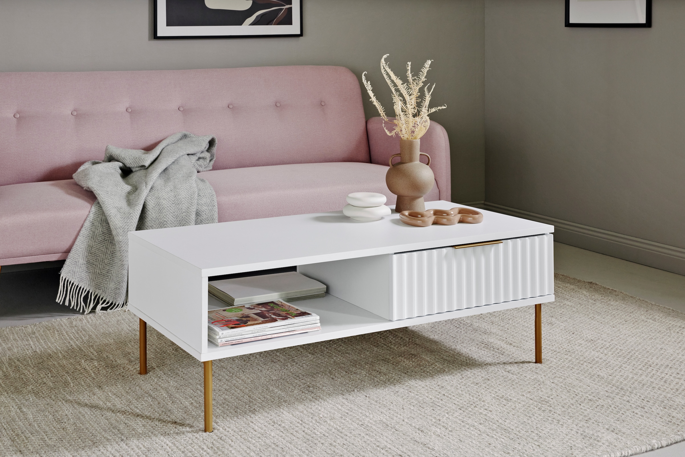 Jahnke Couchtisch »CARVE COFFEE SK« 1 Stk. tlg. Couchtisch mit Schublade und Fach, Gold-Look, raffiniertes Design