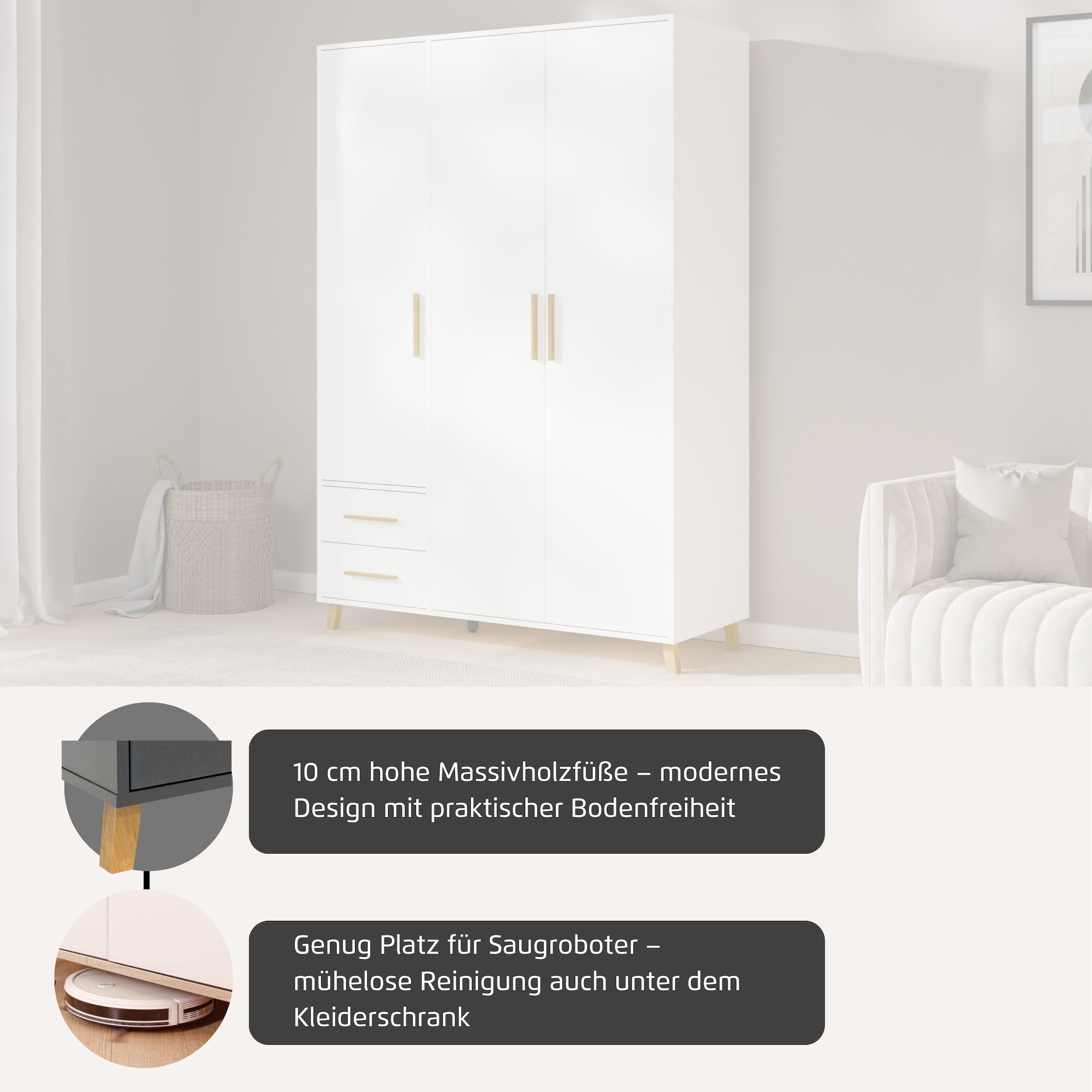 rauch »Kleiderschrank Schrank Garderobe SHINJO Breiten 93/140/187 cm« En 3 configurations différentes BASIC/CLASSIC/PREMIUM,  poignées et pieds en bois massif avec 2 tiroirs MADE IN GERMANY