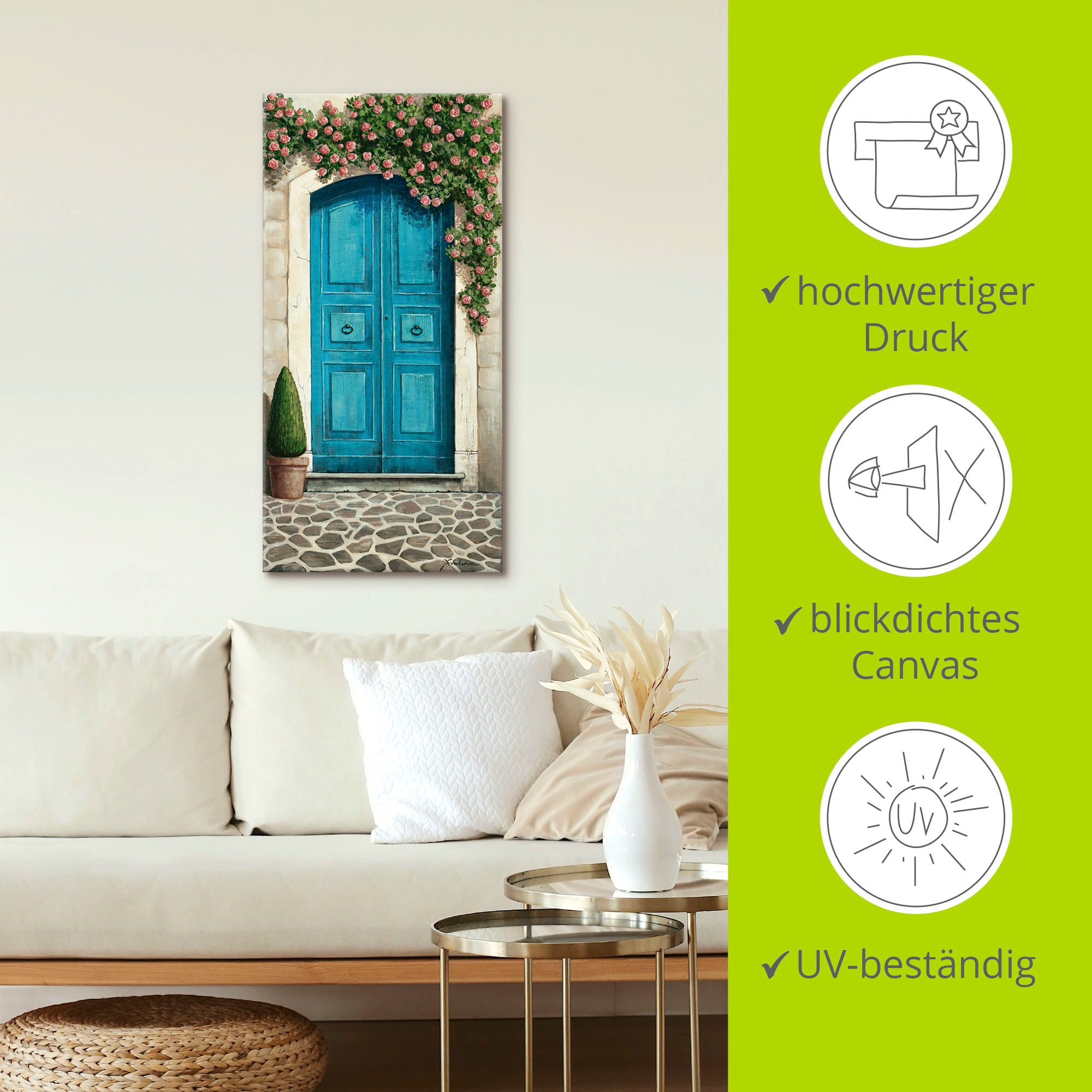 Artland Wandbild »Blaue Tür mit Kletterrosen«, Fenster & Türen, (1 St.), als Alubild, Outdoorbild, Leinwandbild, Poster, Wandaufkleber