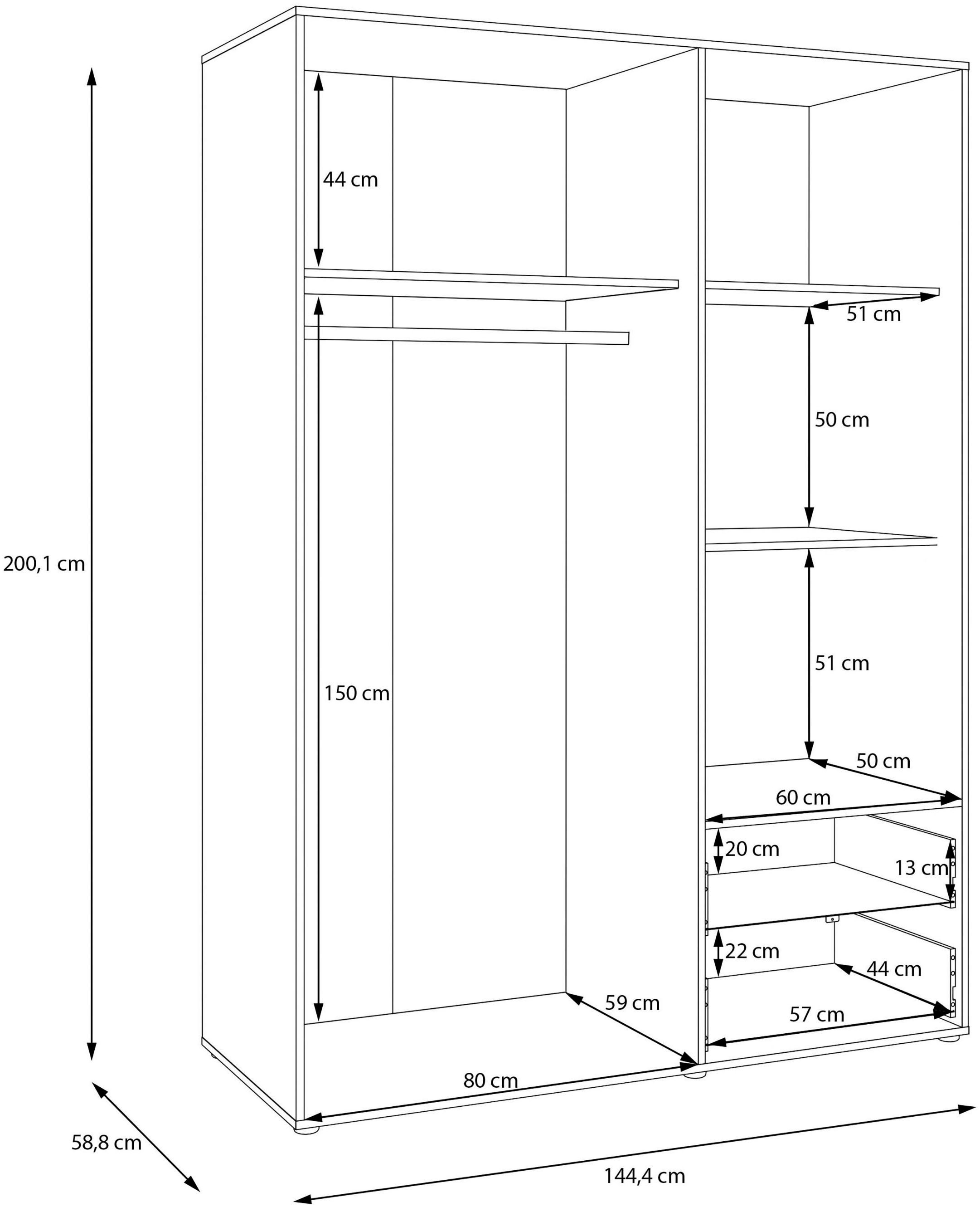 FORTE Kleiderschrank »Mokkaris , Garderobe, zeitloses Design, 3 Türen, Made in Europe« B/H/T ca. 144x200x59cm,  Zwei Schubladen, schwarze Stangengriffe, Stauraum, auch in Schwarz