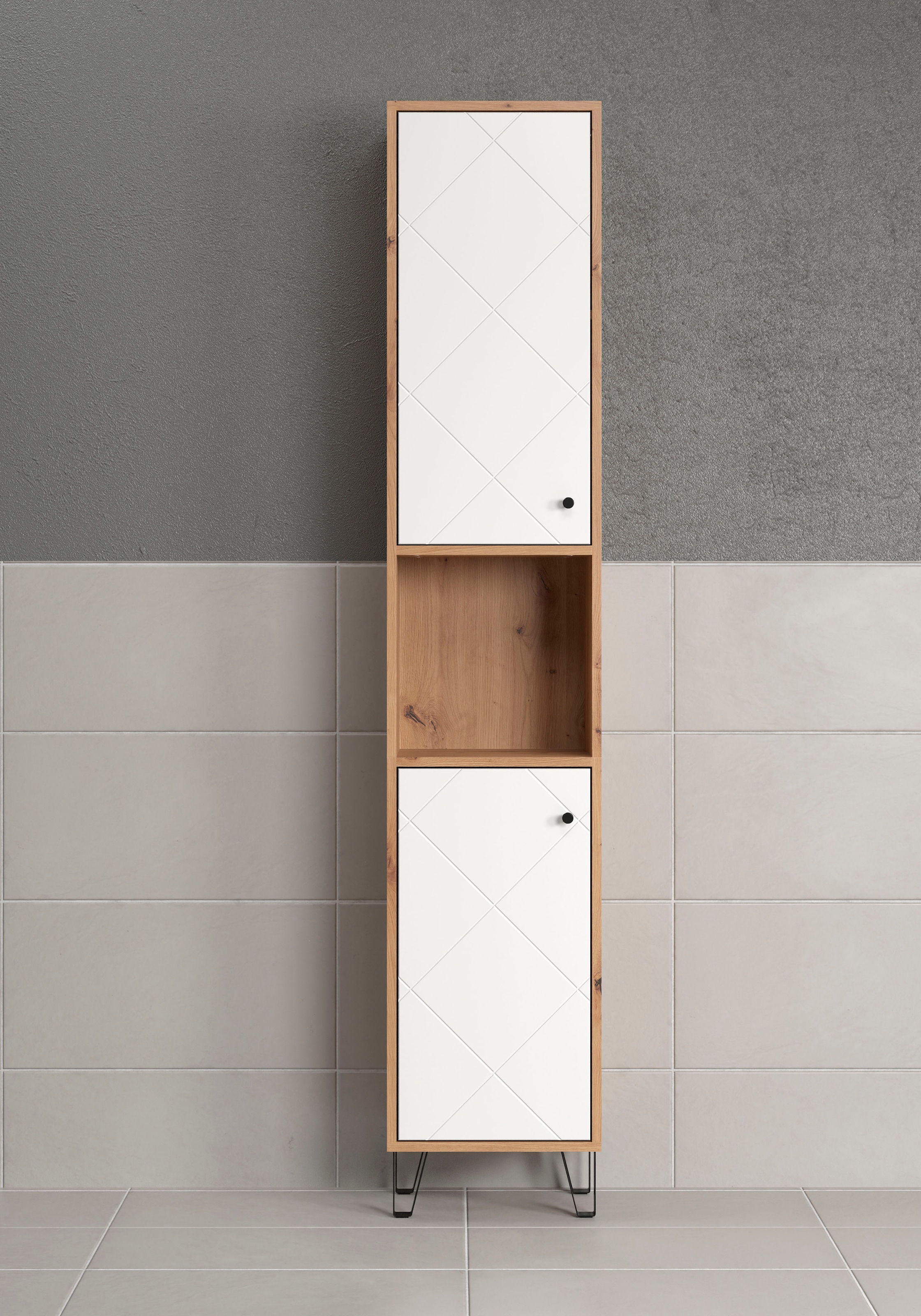 Places of Style Hochschrank »Tarragona«, (1 St.), Breite 36 cm, 2 Türen, Retro Metallfüsse, matt, braune Holzoptik / weiss