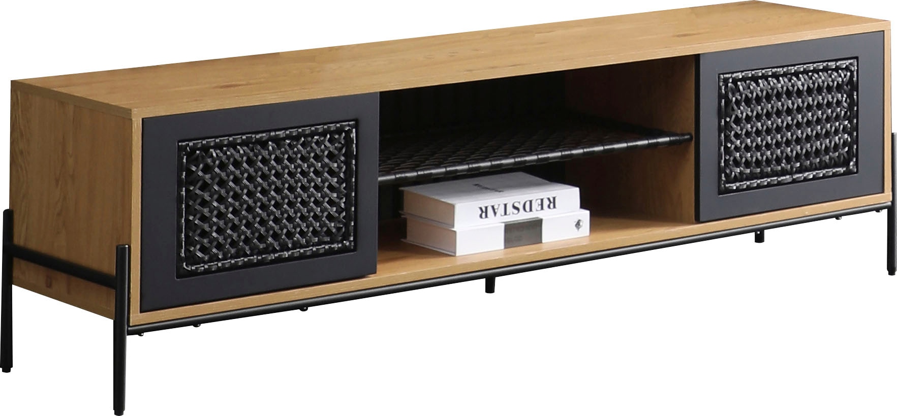 Image of SalesFever Lowboard "York Design Lowboard für stilvolle Wohnräume" Kommode: Stilvoller Fernsehtisch mit mattschwarzem Polyrattan-Einsatz