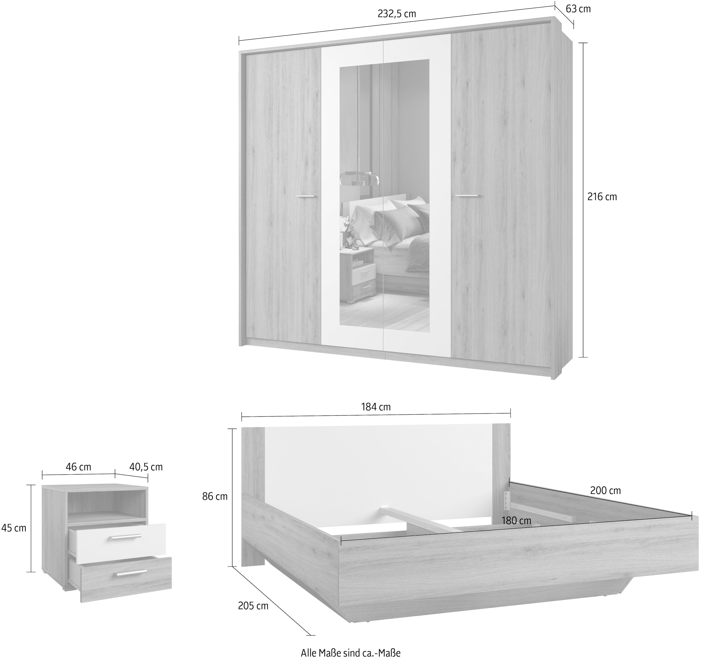 Home affaire Schlafzimmer-Set »Bitry,Set 4-St(Bett 180 cm, 2xNako, Drehtürenschrank)« Komplettschlafzimmer, viel Stauraum, fühlbare Struktur, Holzoptik